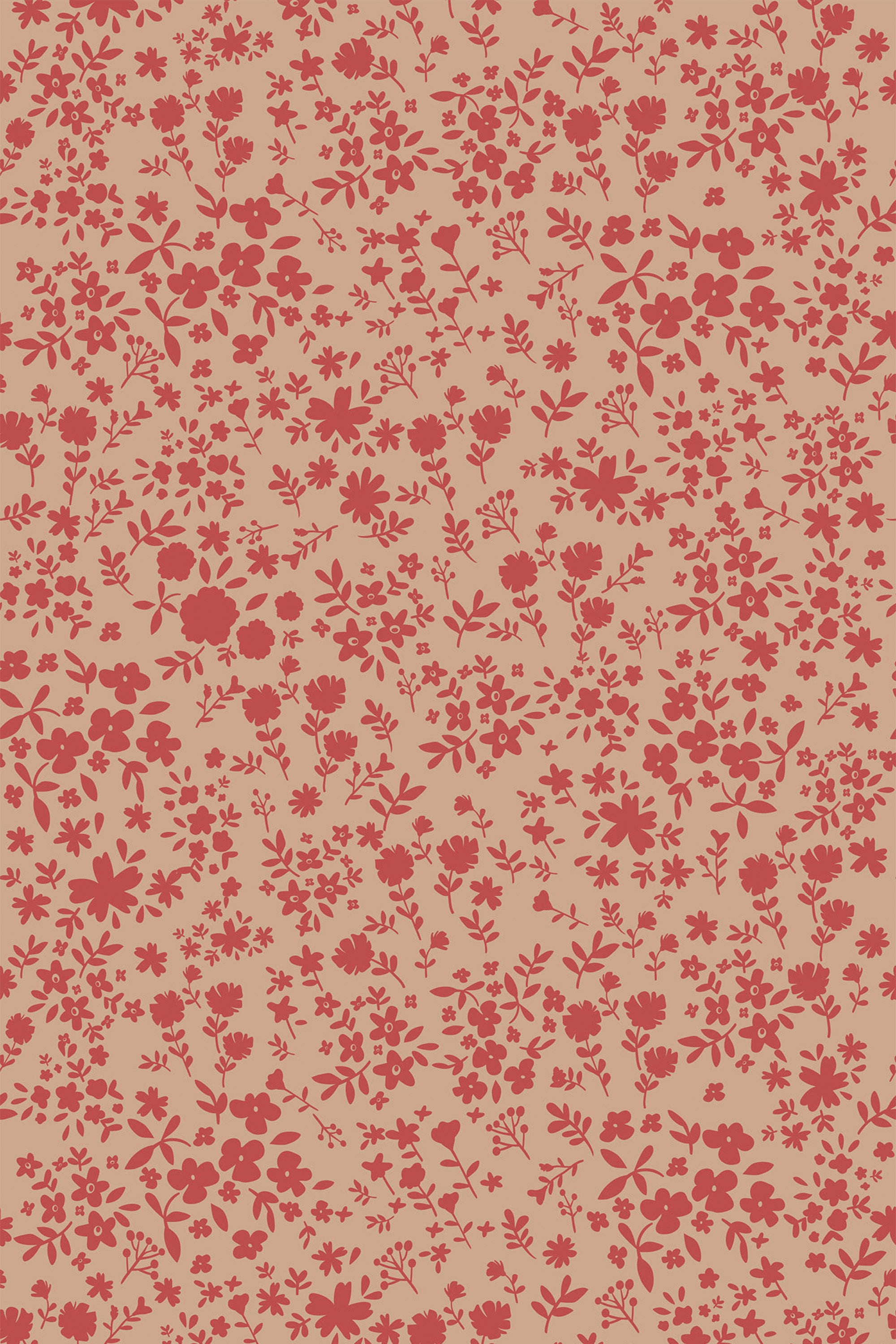 Tiny vintage floral pattern with red flowers and leaves scattered across a soft pink background, peel and stick removable wallpaper.