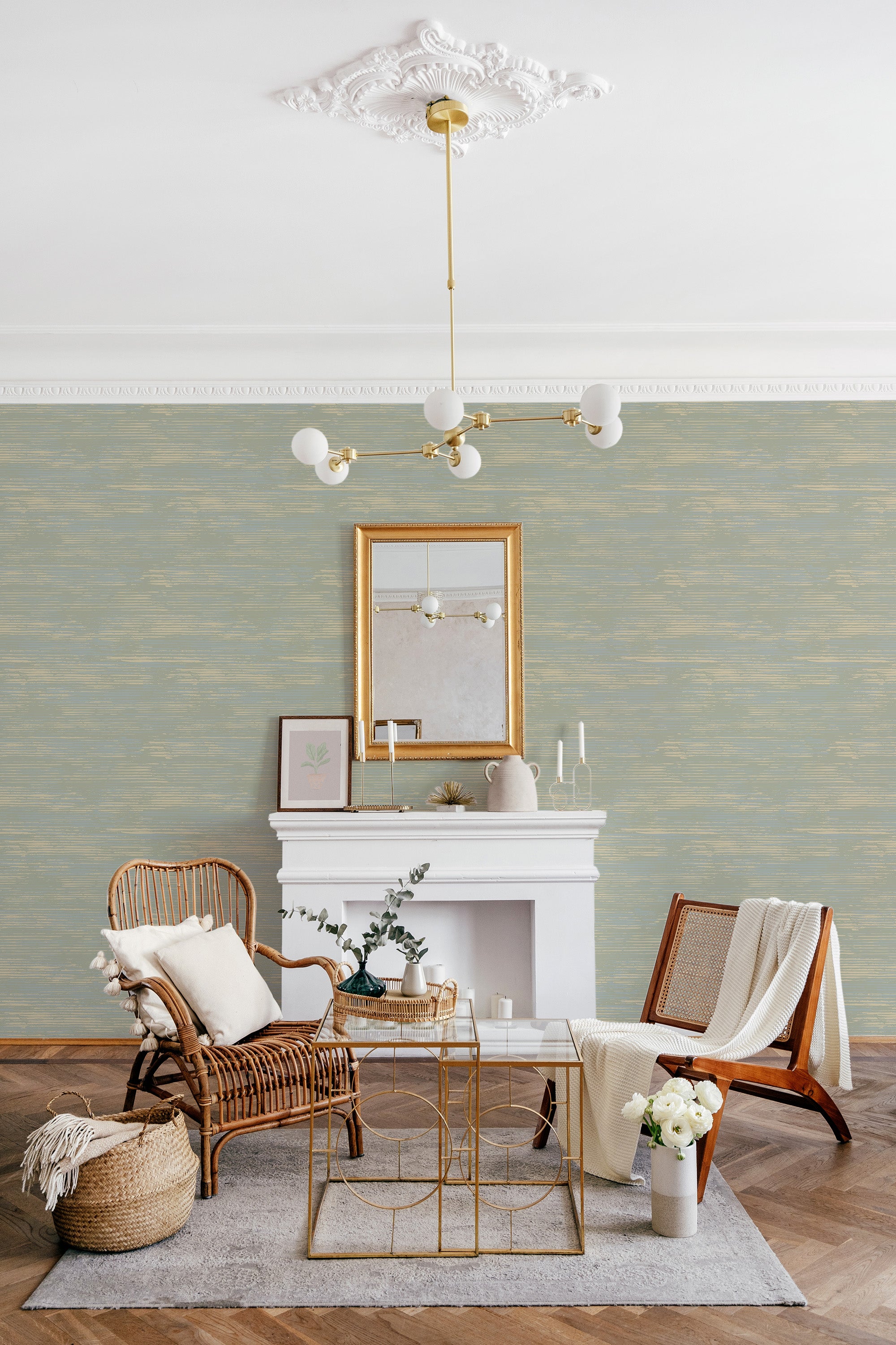 Grass green textured wallpaper with soft, organic patterns covering the walls of a room. The wallpaper has a subtle, earthy appearance, adding warmth and character to the space, blending seamlessly with traditional decor elements. Traditional wallpaper.
