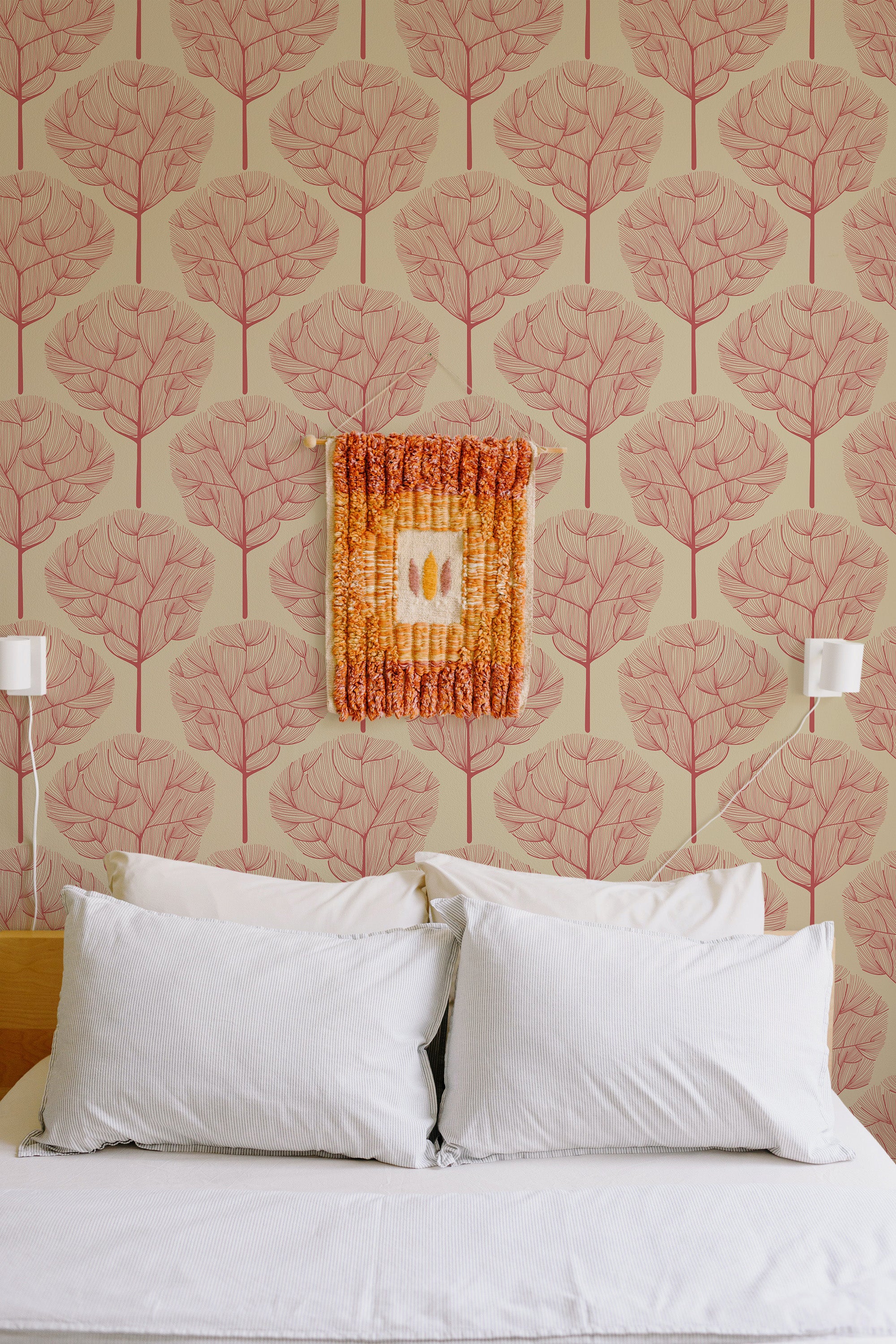 Self-adhesive wallpaper with a Red oak trees design, featuring a repeating pattern of stylized red oak leaves on a beige background, adding a natural and warm touch to the room.
