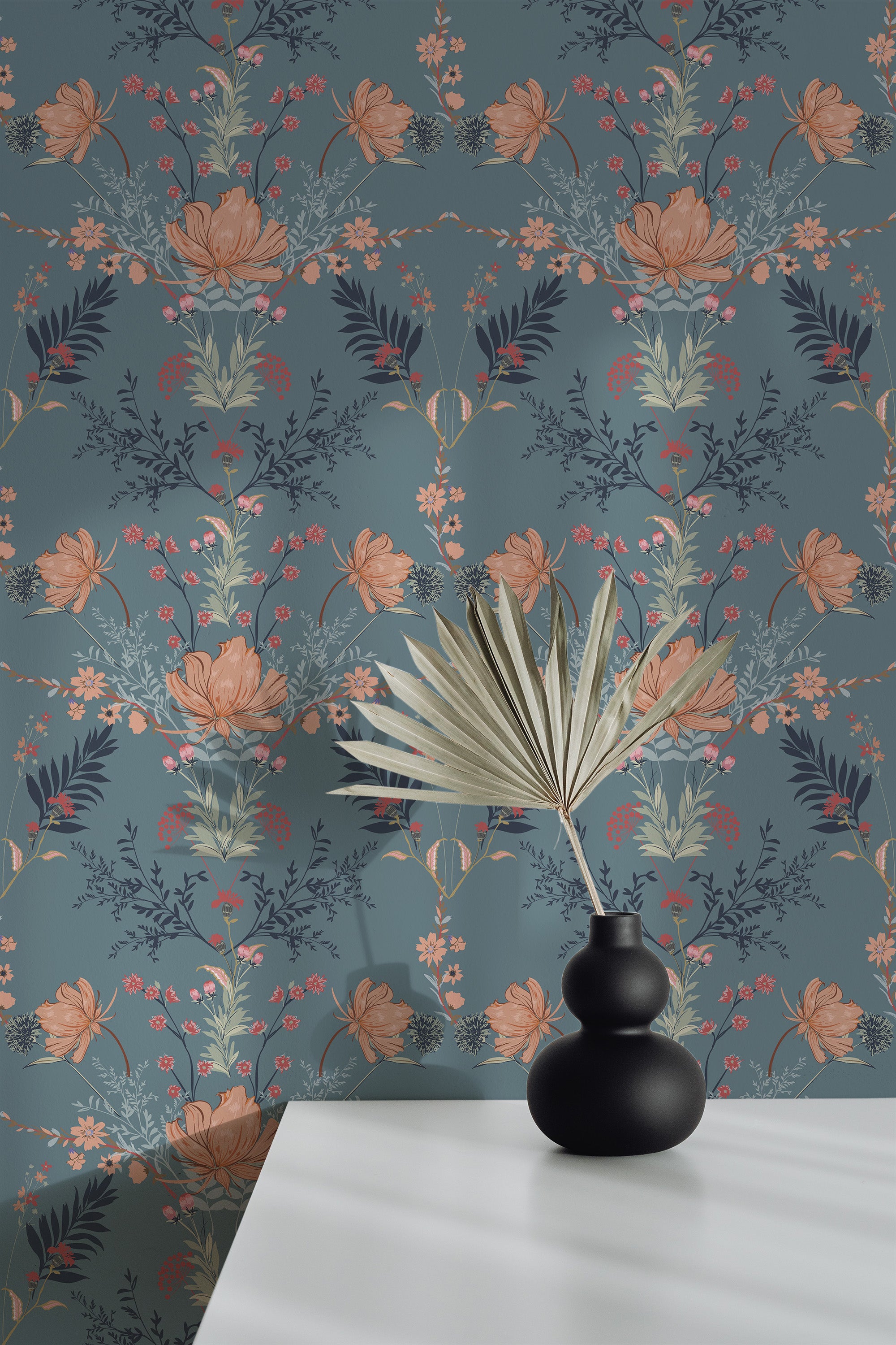 Self-adhesive wallpaper with a Victorian floral design on a teal background, featuring large peach-toned flowers, delicate branches, and smaller blossoms scattered throughout.