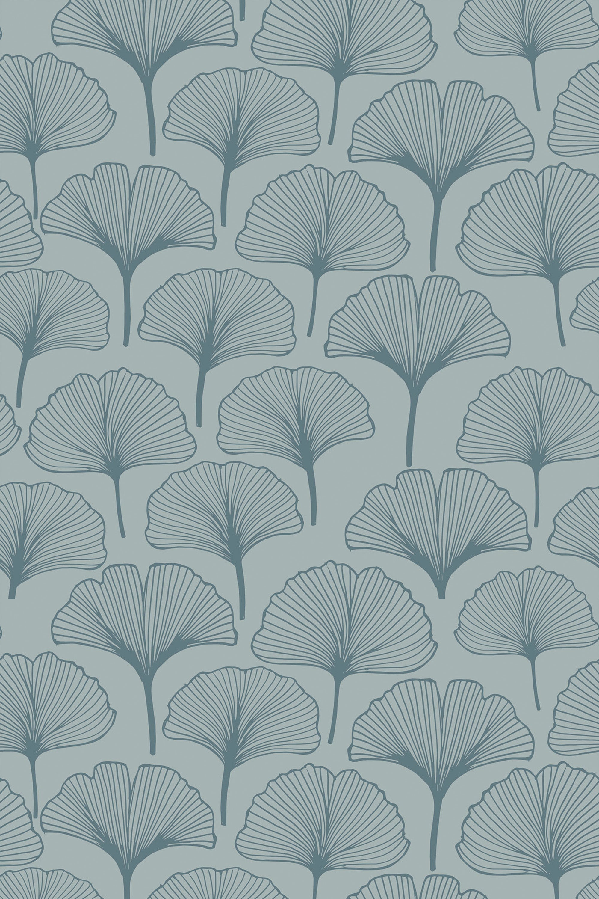 A repeating pattern of delicate blue palm leaves on a light blue background, creating a tropical and serene atmosphere. Peel and stick removable wallpaper.