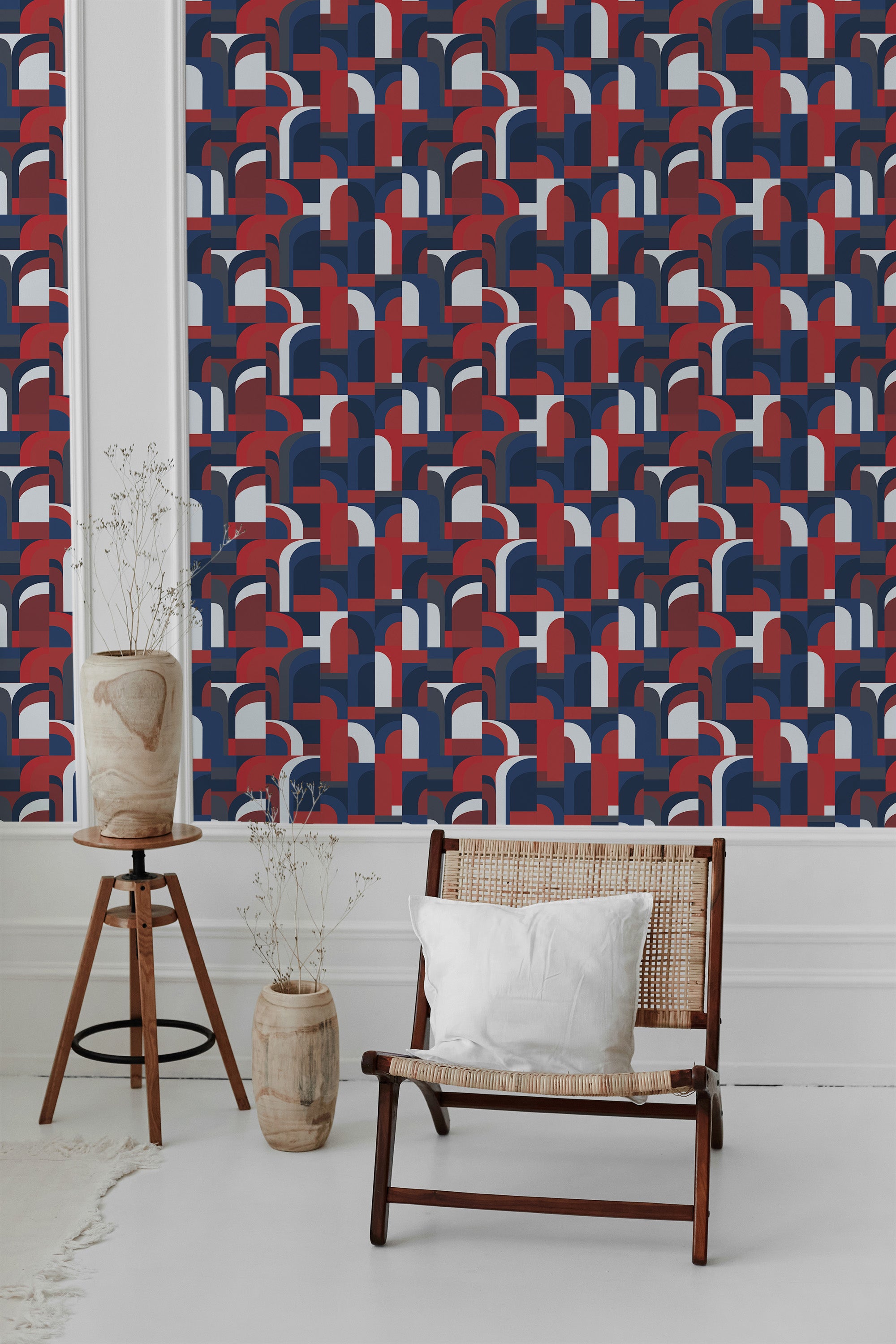 USA 70s retro design in shades of red, blue, and white with geometric shapes covering the entire wall, traditional wallpaper.