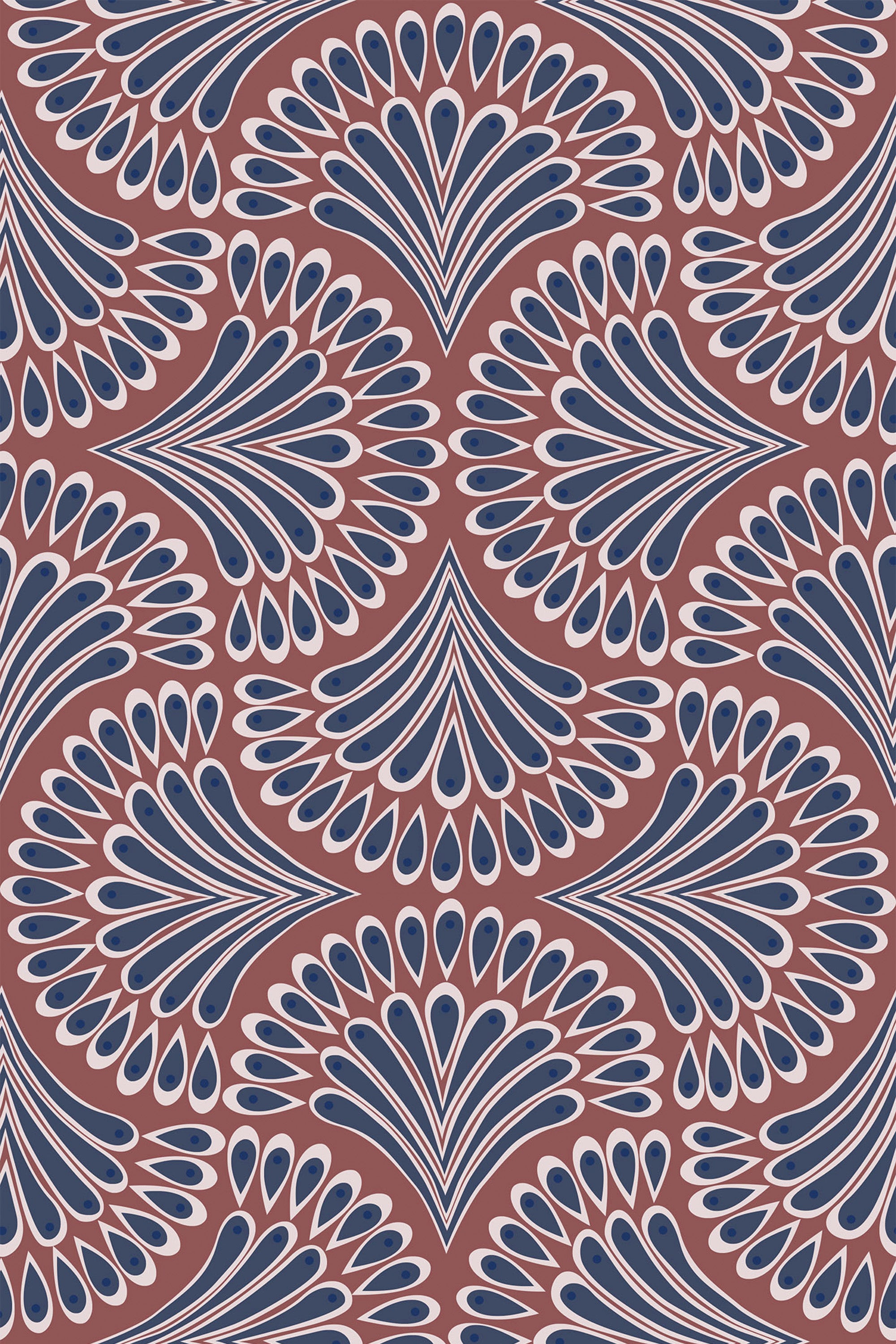 An intricate USA paisley pattern with teardrop-shaped motifs in navy blue, white, and dark red, arranged in a symmetrical, repeating design on a reddish-brown background. Peel and stick removable wallpaper.