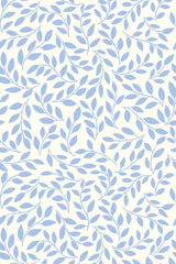 Blue leafy branches spread across a soft, off-white background, forming a simple and elegant repeating pattern. Coastal branch design, peel and stick removable wallpaper.