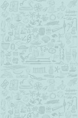 Illustrations of marine life, nautical objects, seashells, and coastal icons on a light blue background. Peel and stick removable wallpaper.