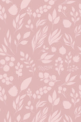 Light pink wallpaper with a soft, delicate pattern of various leaves, flowers, and botanical elements scattered across a muted pink background. Ideal for adding a subtle, nature-inspired touch to any room. Peel and stick removable wallpaper.