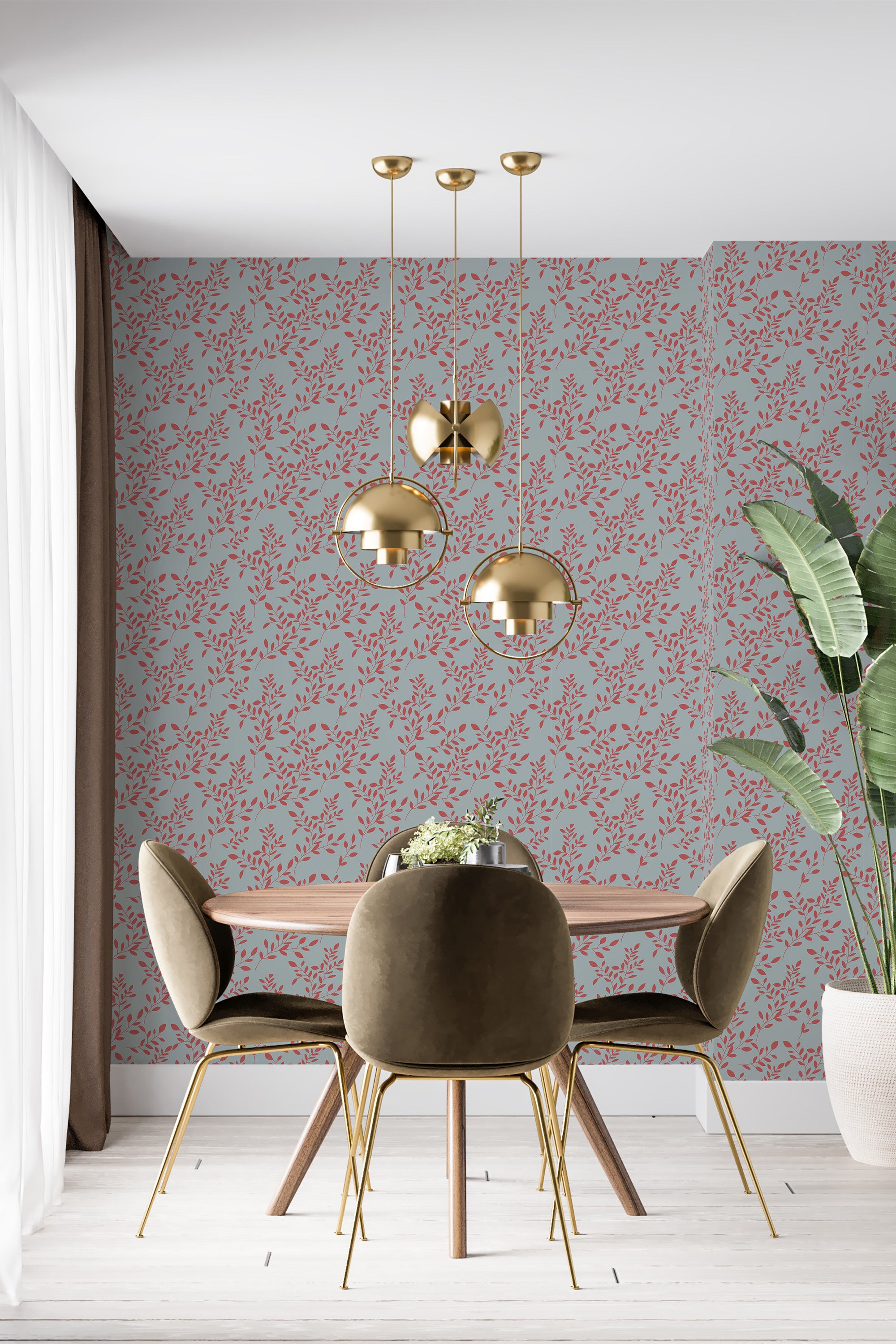 A room with a light gray wallpaper adorned with an intricate pattern of red branches curling delicately across the surface, providing a subtle contrast. Traditional wallpaper.