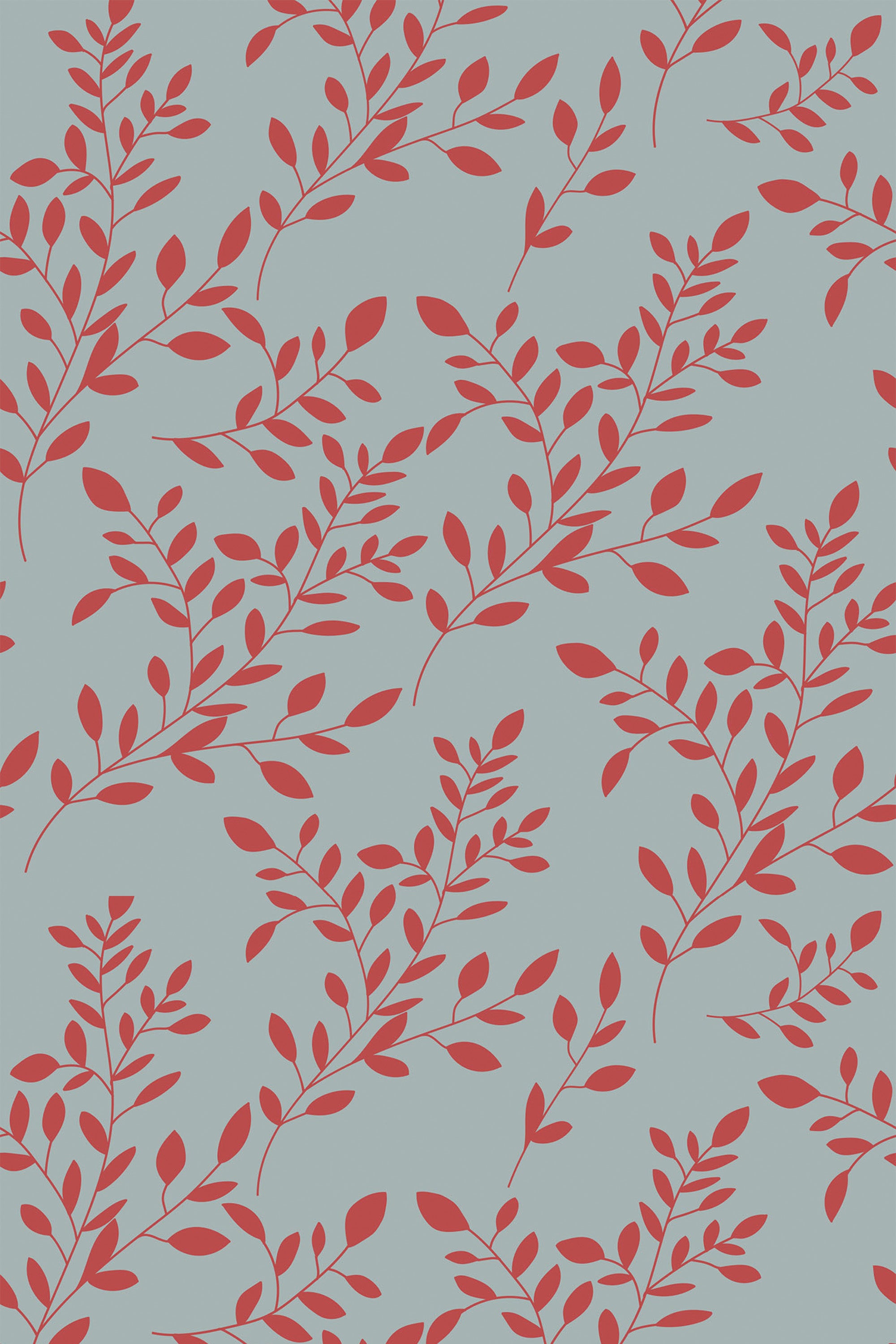 Red branch pattern with intertwining leaves on a soft blue background, peel and stick removable wallpaper.