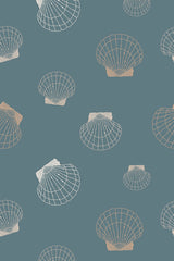 White and beige seashells in various sizes and orientations on a muted teal background, peel and stick removable wallpaper.