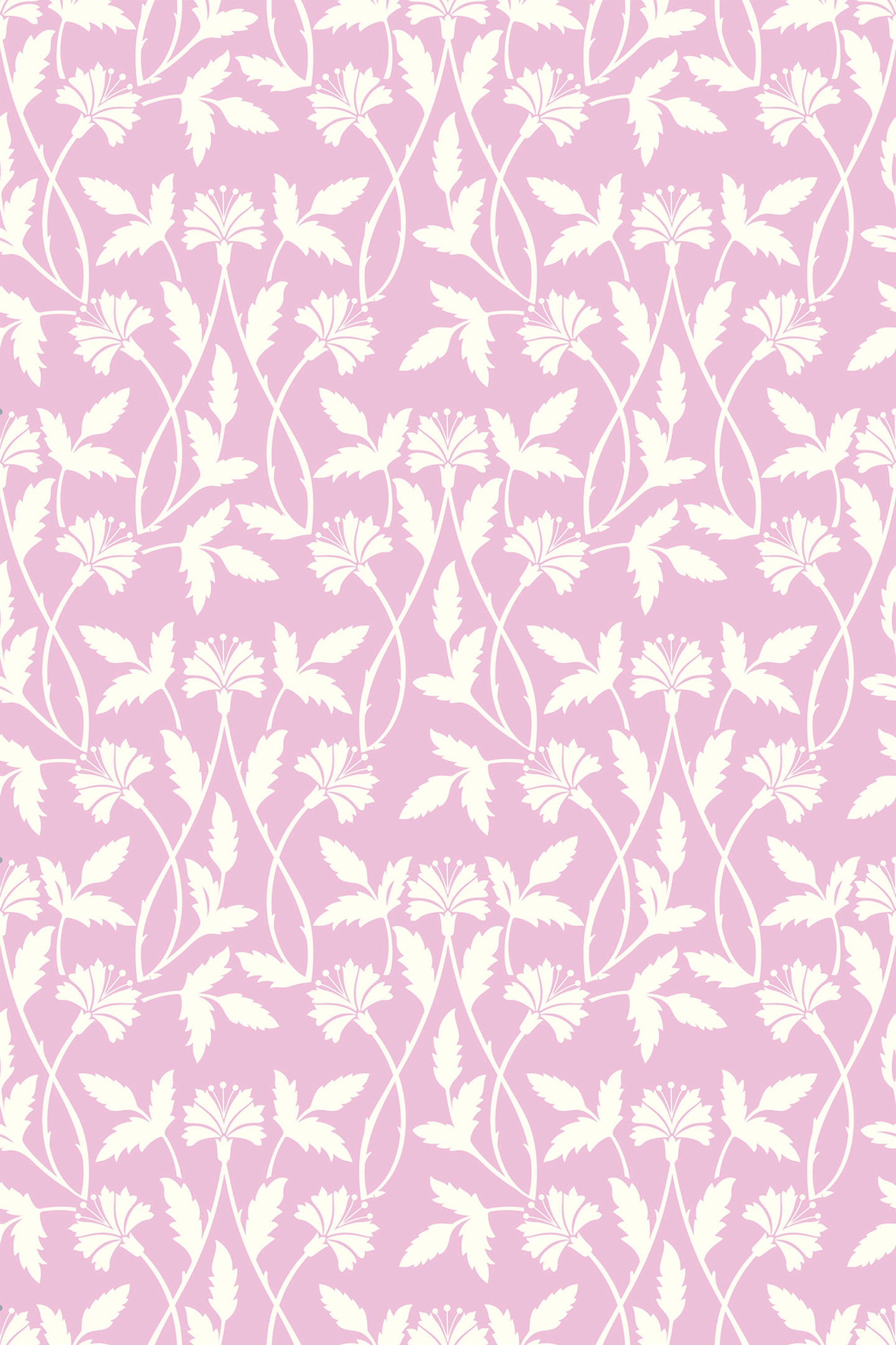 Floral pattern with white leaves and delicate flowers intertwined with curving vines, set against a soft pink background. Peel and stick removable wallpaper.