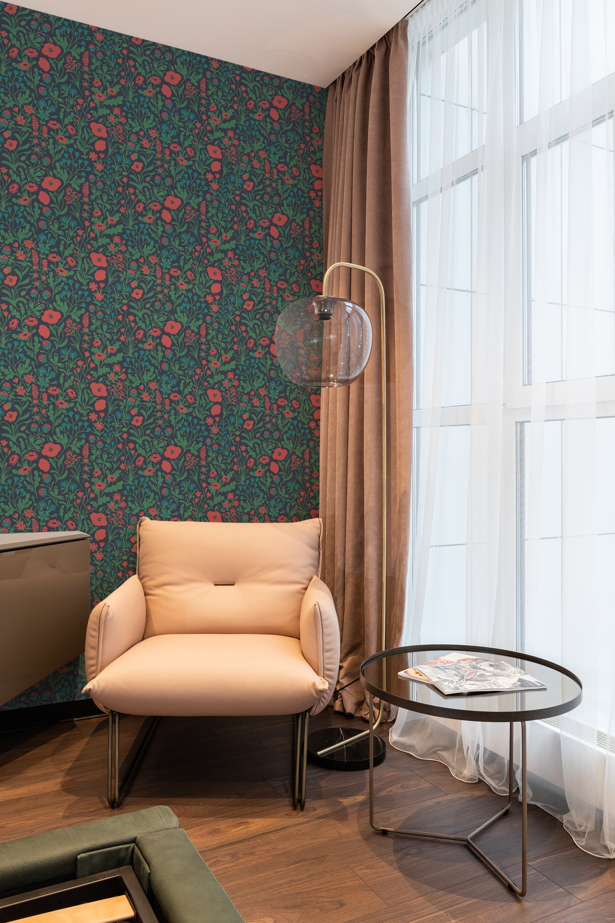 Wallpaper with a pattern of vibrant red flowers, green leaves, and delicate stems set against a dark background on a traditional wallpaper.
