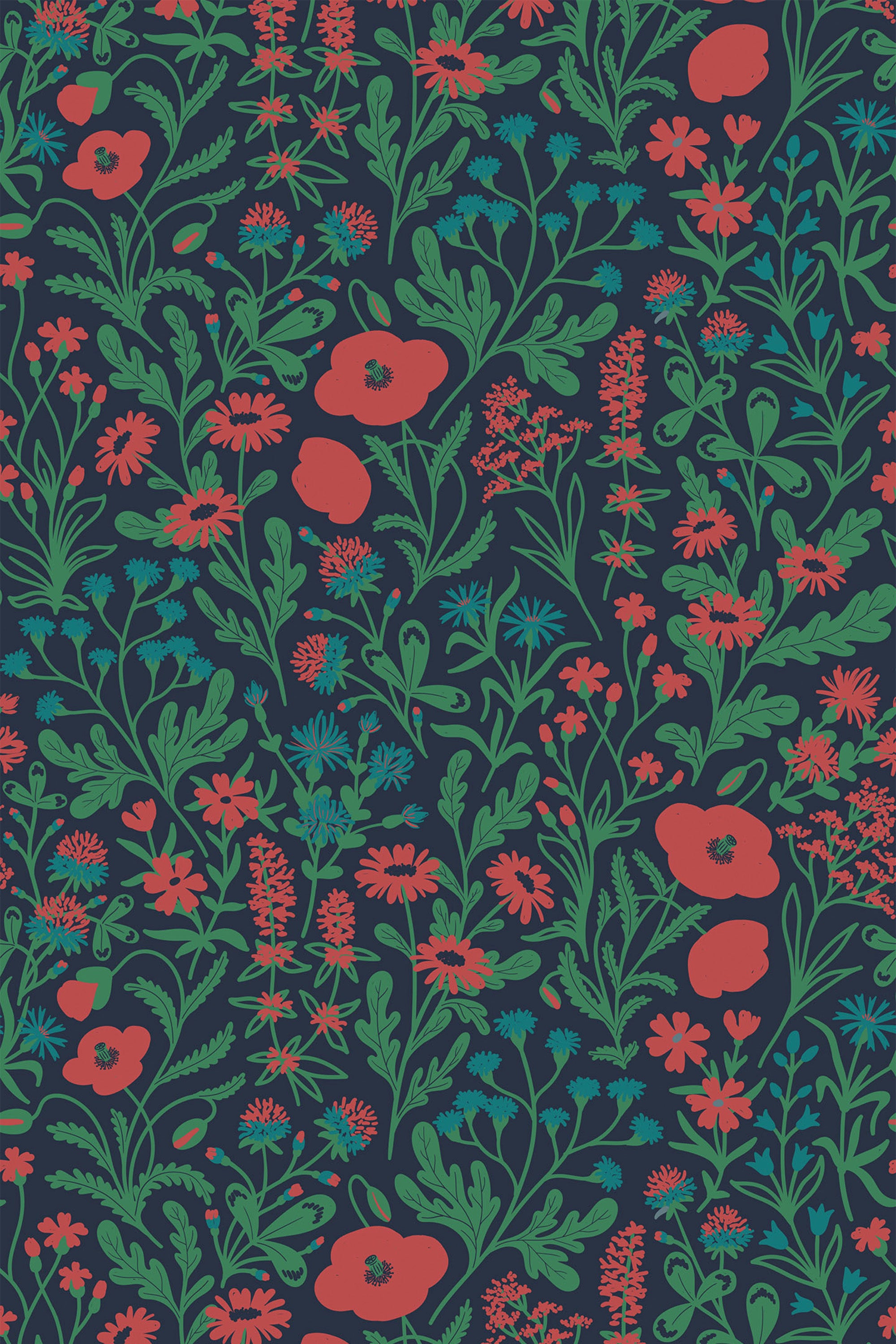 Red poppies, orange daisies, and small flowers in varying shades of green intertwine with leafy stems atop a deep navy background, creating a lively floral pattern. Peel and stick removable wallpaper.