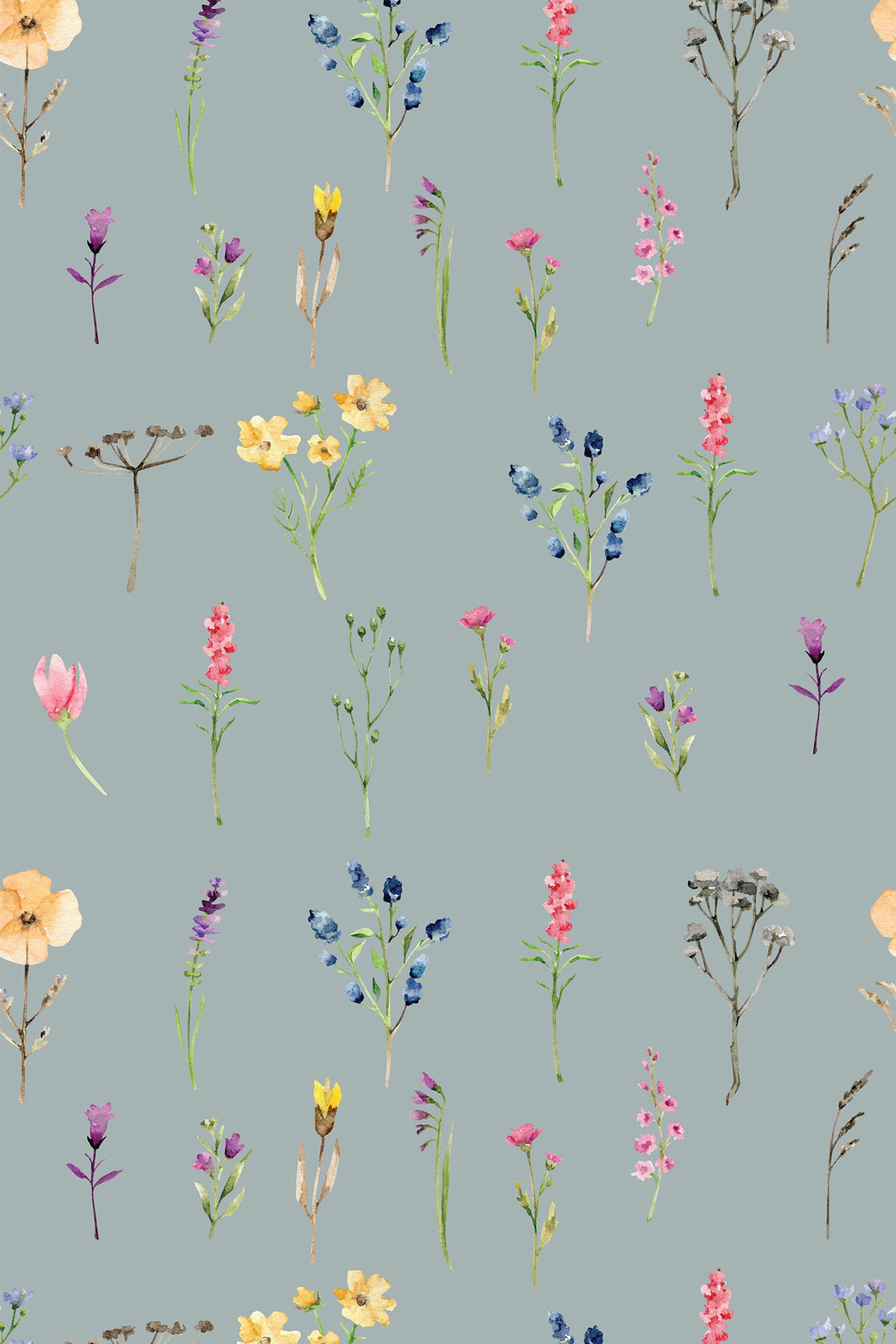 A repeating pattern of delicate, hand-painted wildflowers in various colors such as pink, yellow, blue, and purple on a soft green background. The design includes multiple stems and leaves interspersed throughout. Peel and stick removable wallpaper.