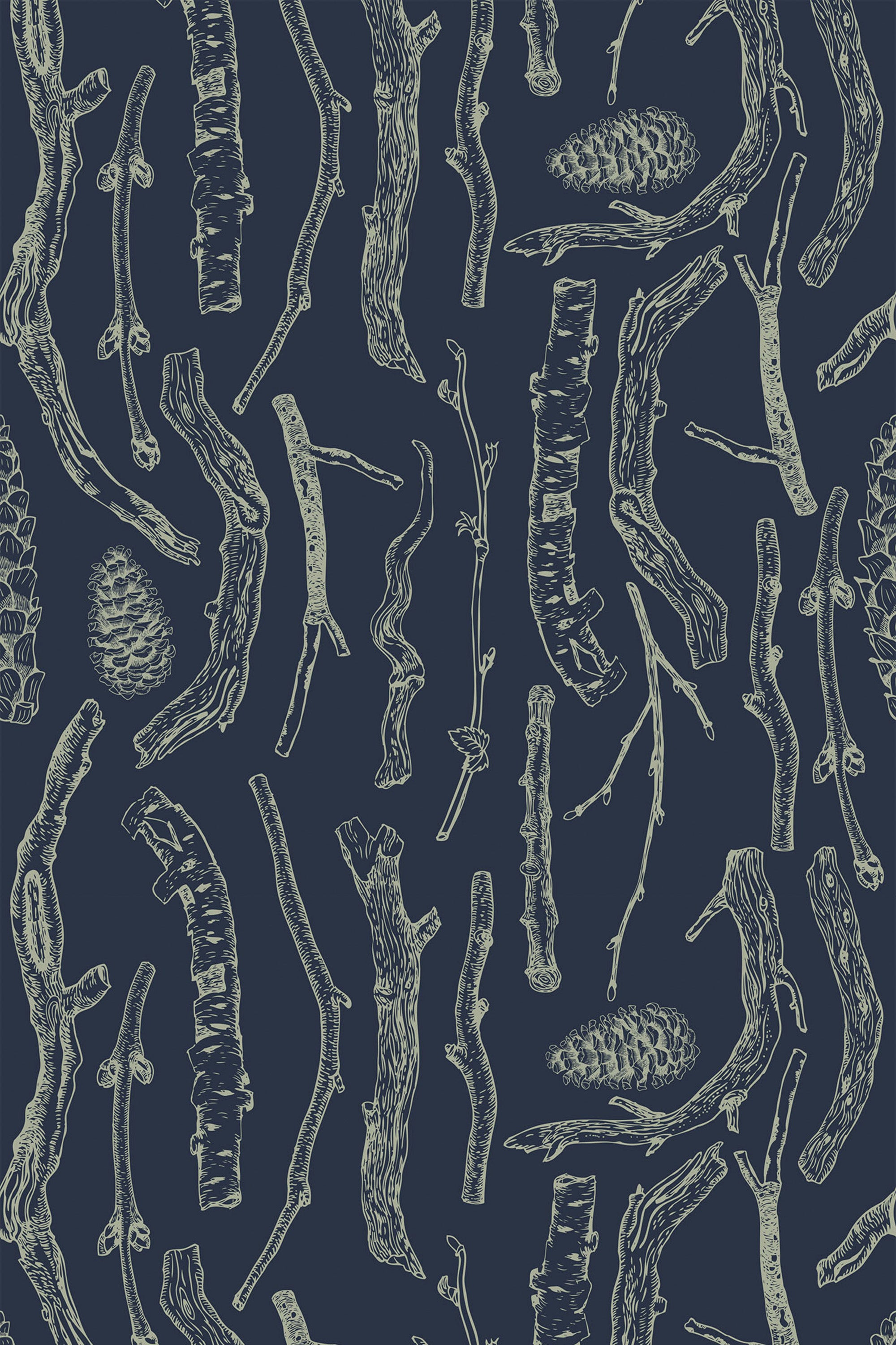 Branches and pine cones scattered across a dark navy background with fine, sketch-like detail in a botanical print style, creating a natural and rustic vibe. Peel and stick removable wallpaper.