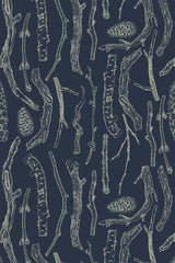Branches and pine cones scattered across a dark navy background with fine, sketch-like detail in a botanical print style, creating a natural and rustic vibe. Peel and stick removable wallpaper.