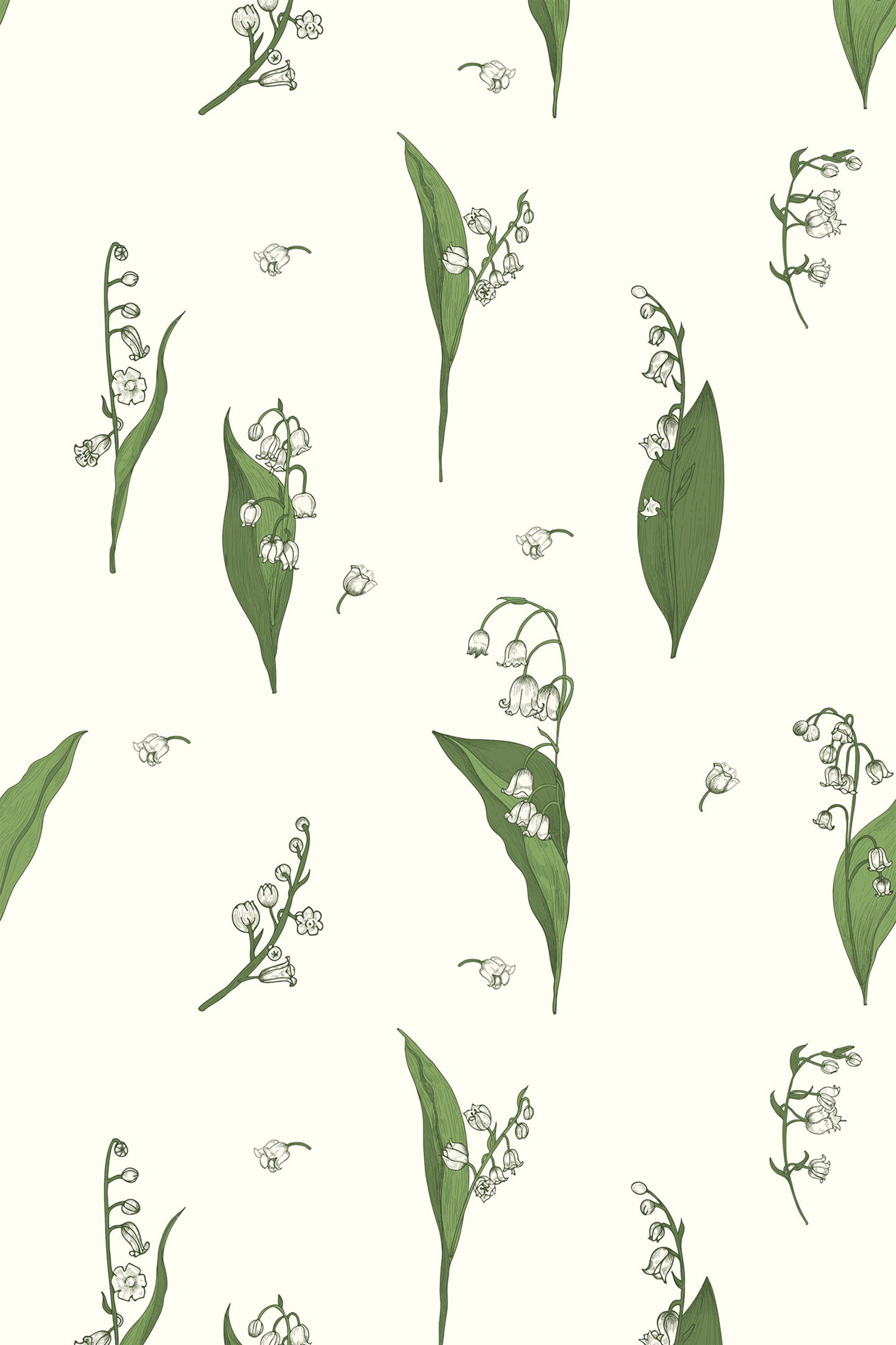 A repeating pattern of delicate snow lilies with small white flowers and green leaves scattered across a soft cream background. Peel and stick removable wallpaper.