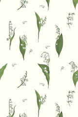 A repeating pattern of delicate snow lilies with small white flowers and green leaves scattered across a soft cream background. Peel and stick removable wallpaper.