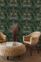 Self-adhesive dark green tropical wallpaper with detailed illustrations of giraffes, elephants, and lush green foliage, creating a rich jungle scene.