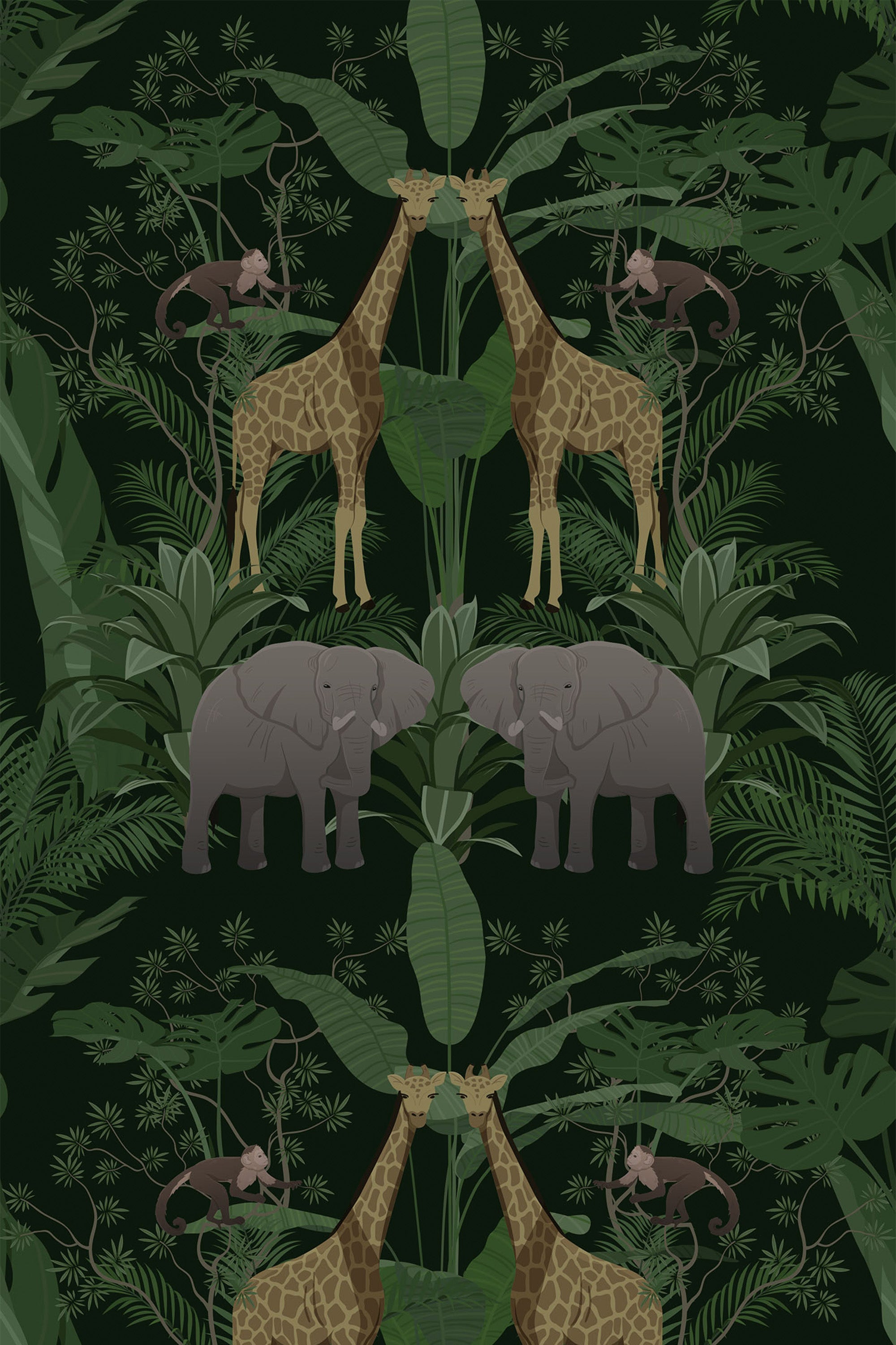 Dark green tropical wallpaper with a repeating pattern of giraffes, elephants, monkeys, and lush jungle foliage. Peel and stick removable wallpaper.