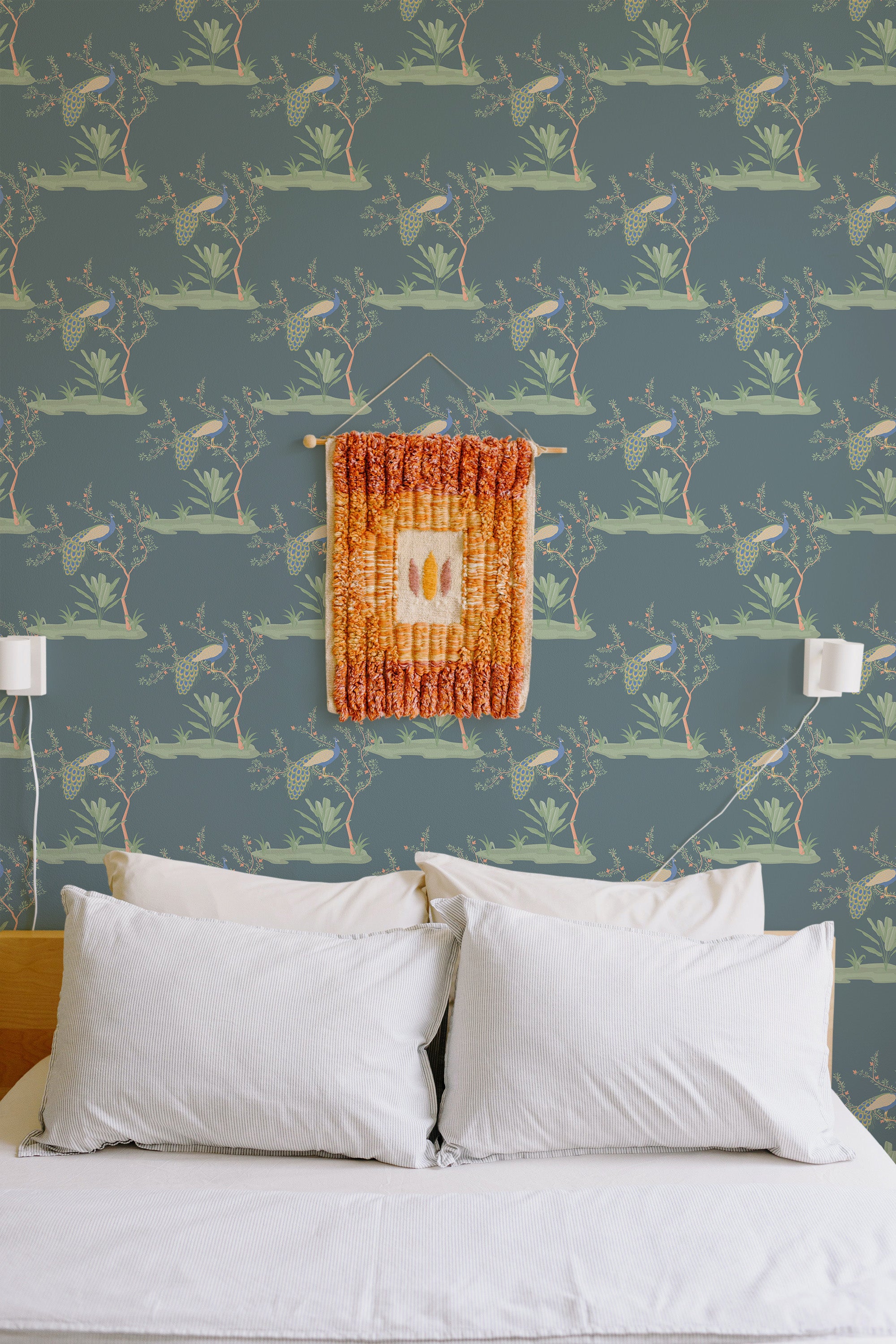 Self-adhesive wallpaper with a Dreamy Peacock design in a muted color palette, featuring elegant peacocks and delicate floral patterns, creating a serene and stylish atmosphere.