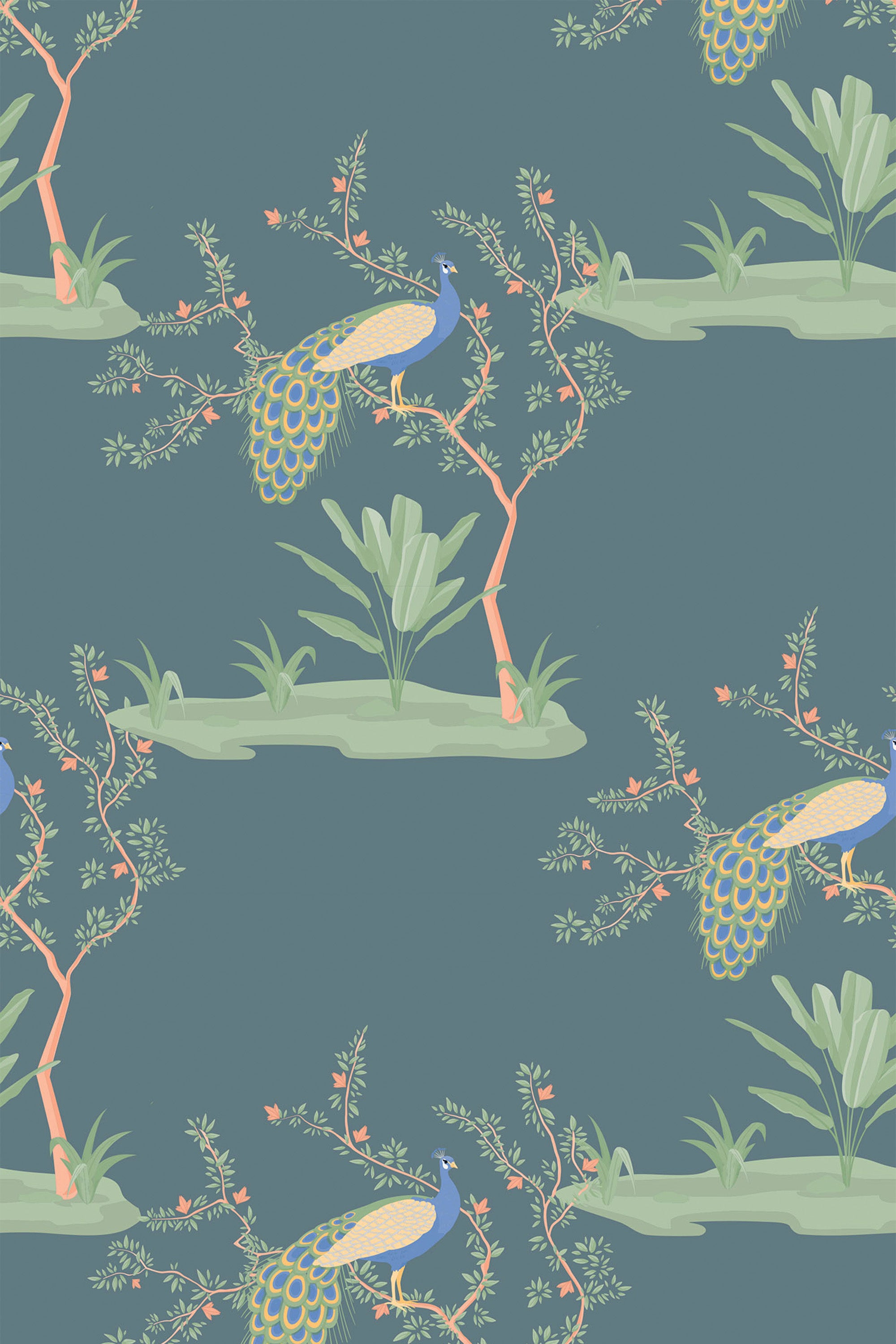 Seamless pattern with elegant peacocks perched on branches surrounded by delicate foliage, set against a muted blue background. The design features soft pastel tones in greens, yellows, and blues, creating a serene and sophisticated look. Peel and stick removable wallpaper.