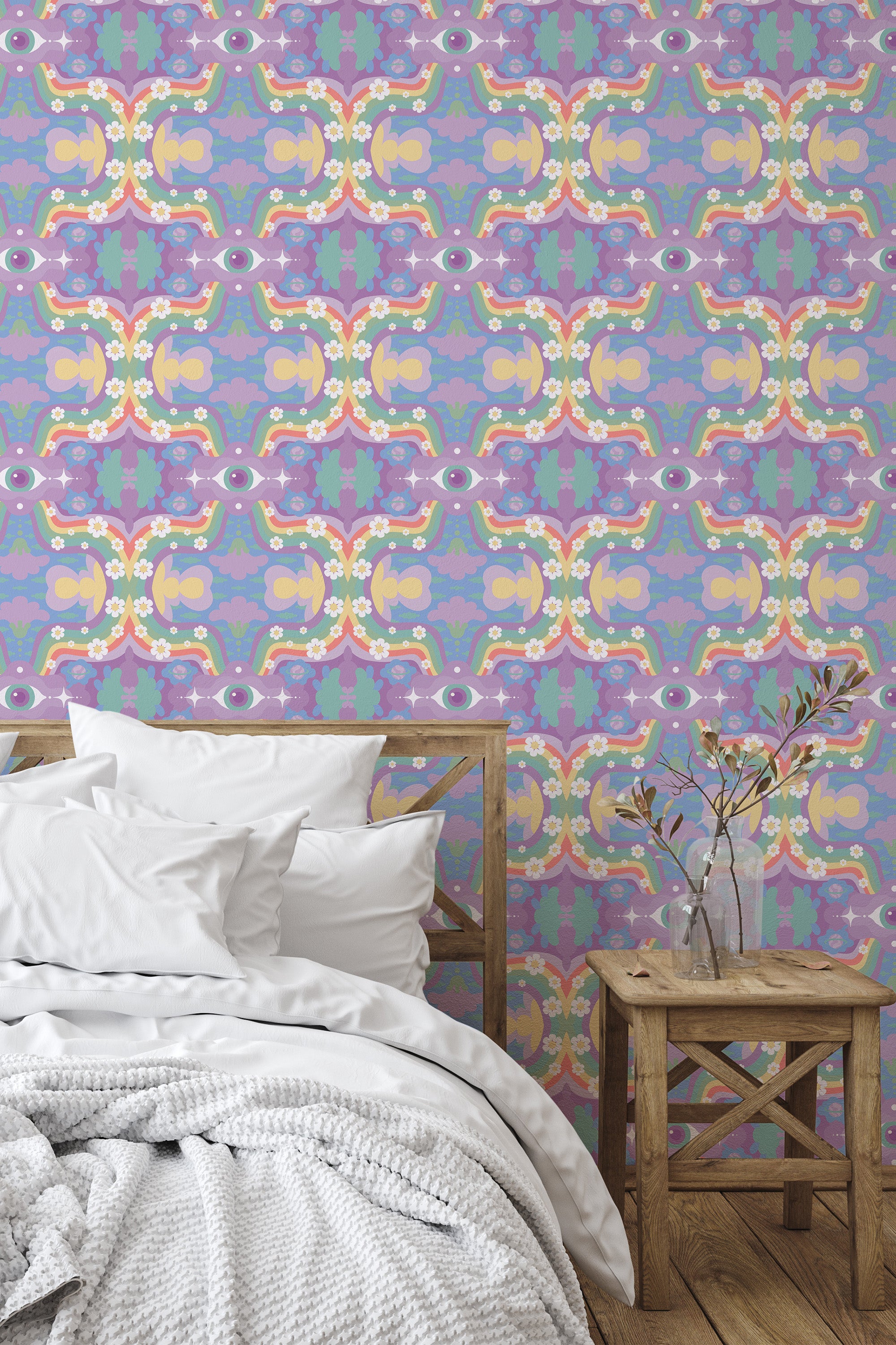 Self-adhesive wallpaper with a fun psychedelic design in vibrant colors including lavender, pink, blue, and yellow, creating a kaleidoscopic pattern of abstract shapes repeat across the wall.