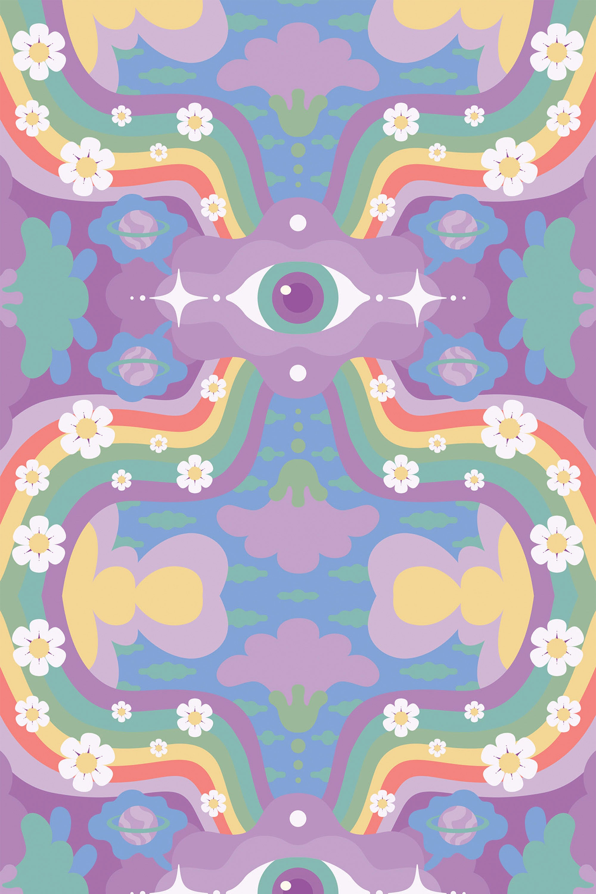 A vibrant and colorful wallpaper with whimsical patterns, including rainbows, flowers, a prominent eye motif, abstract clouds, and flowing waves in pastel colors like purple, yellow, and green. Peel and stick removable wallpaper.