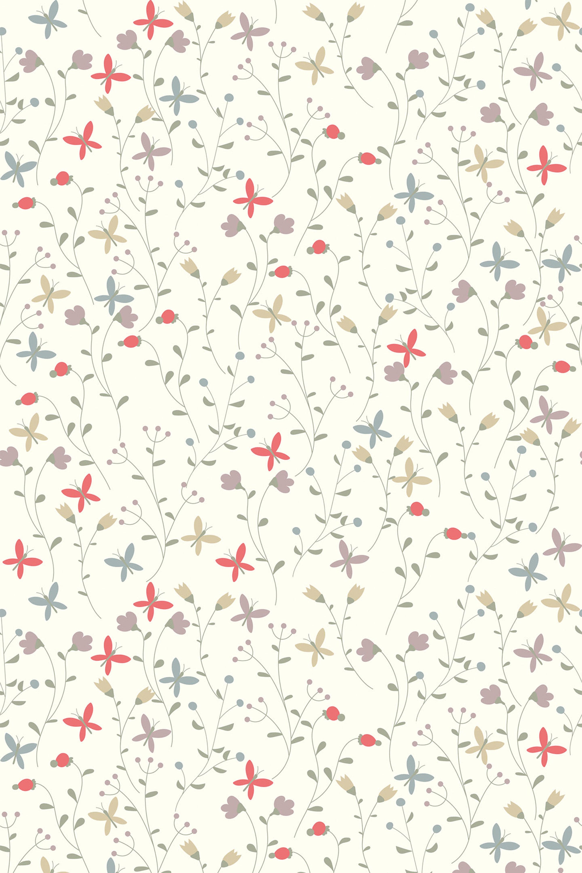 Delicate floral pattern with small, whimsical flowers in shades of pink, blue, beige, and brown, connected by thin, green stems and leaves against a light beige background. Peel and stick removable wallpaper.