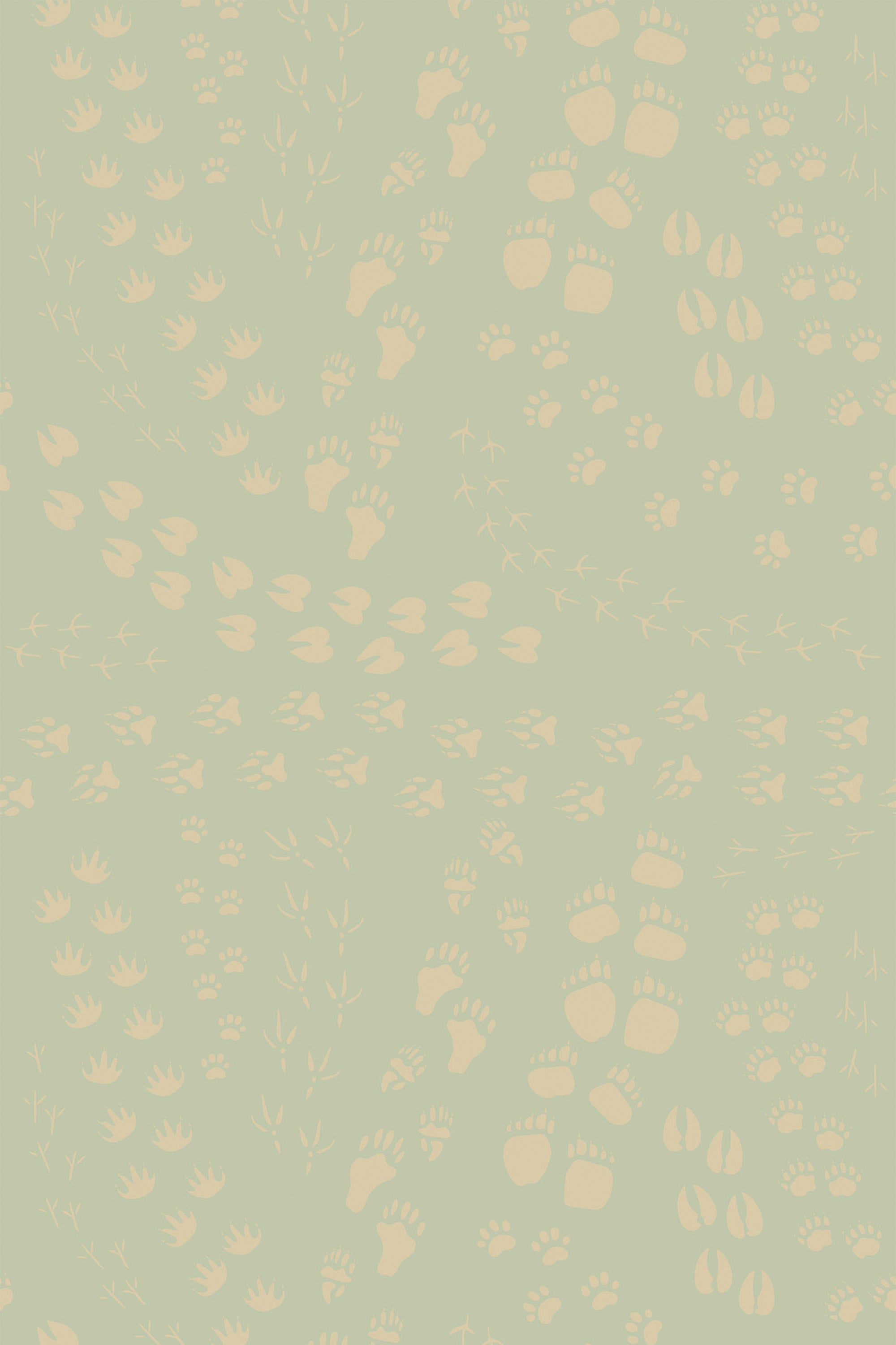 Animal footprints of various shapes and sizes, including bear, bird, and deer tracks, arranged in a repeating pattern on a pale green background, peel and stick removable wallpaper.