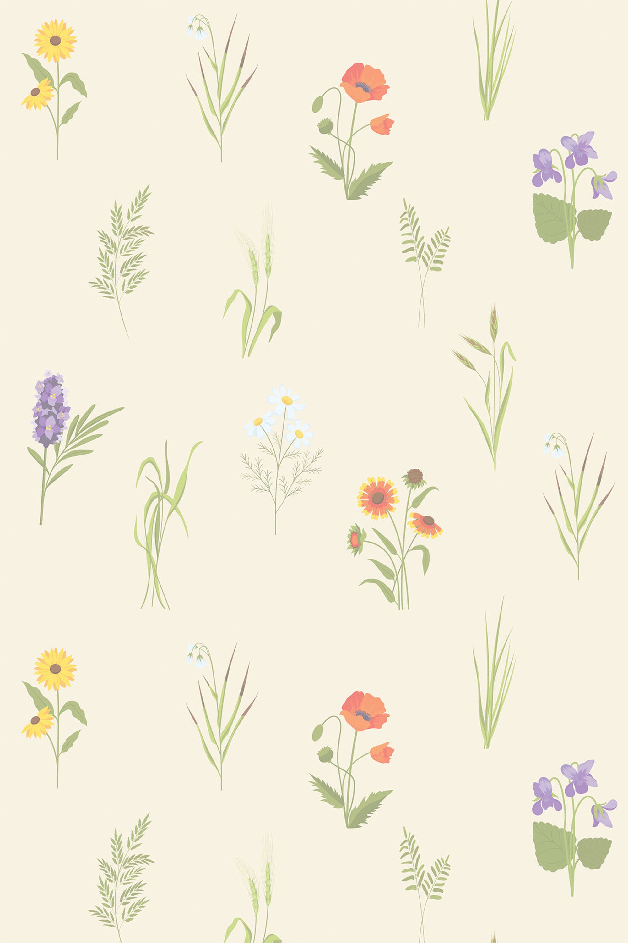 Light floral nursery wallpaper with delicate illustrations of wildflowers, including poppies, daisies, sunflowers, violets, and lavender, scattered across a soft cream background. Each floral element is surrounded by simple green leaves and stems. The pastel tones create a calm and soothing atmosphere. Peel and stick removable wallpaper.