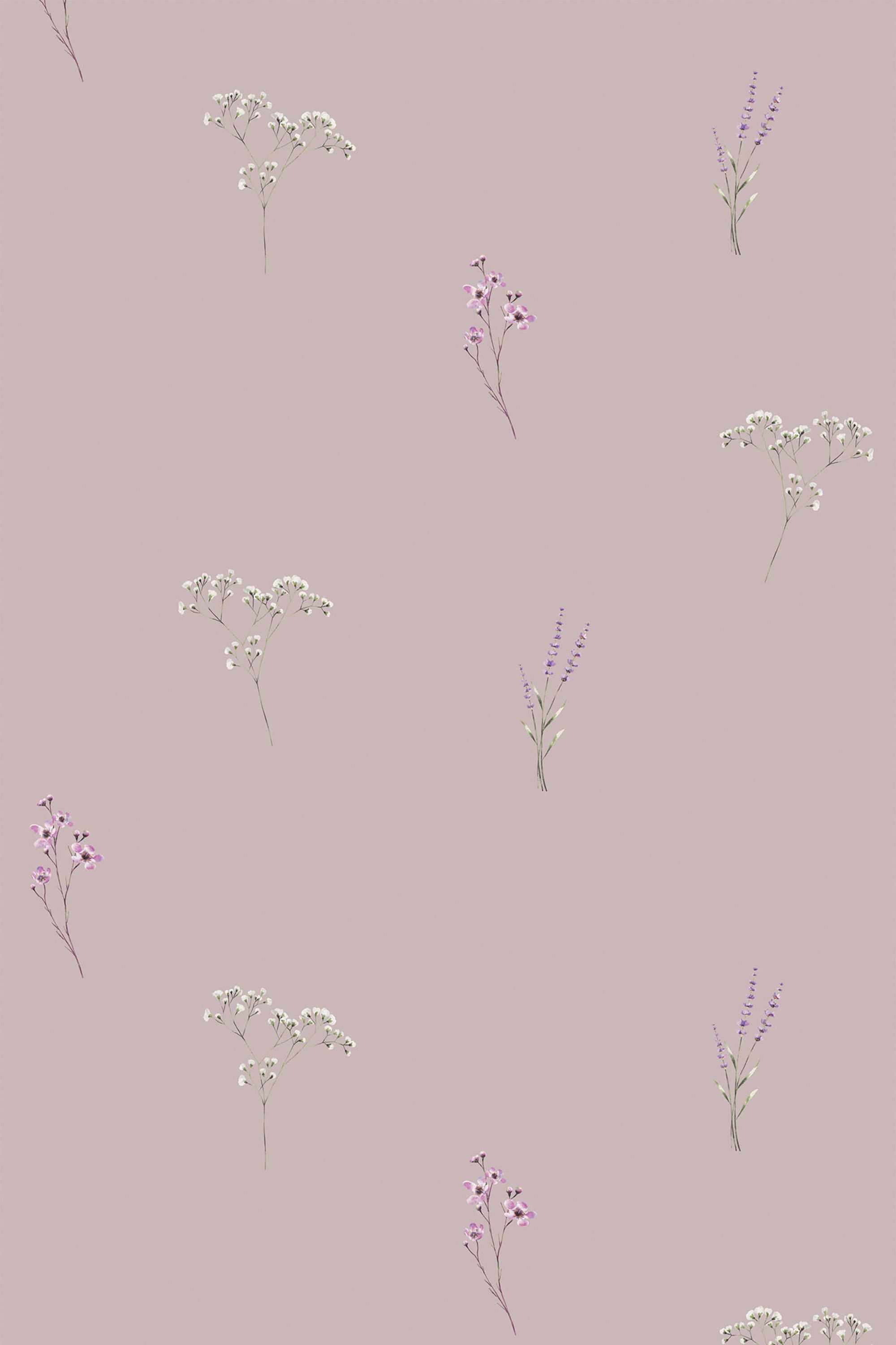 Delicate pink, white, and lavender floral sprigs scattered on a soft taupe background, creating a subtle, calming pattern. Peel and stick removable wallpaper.