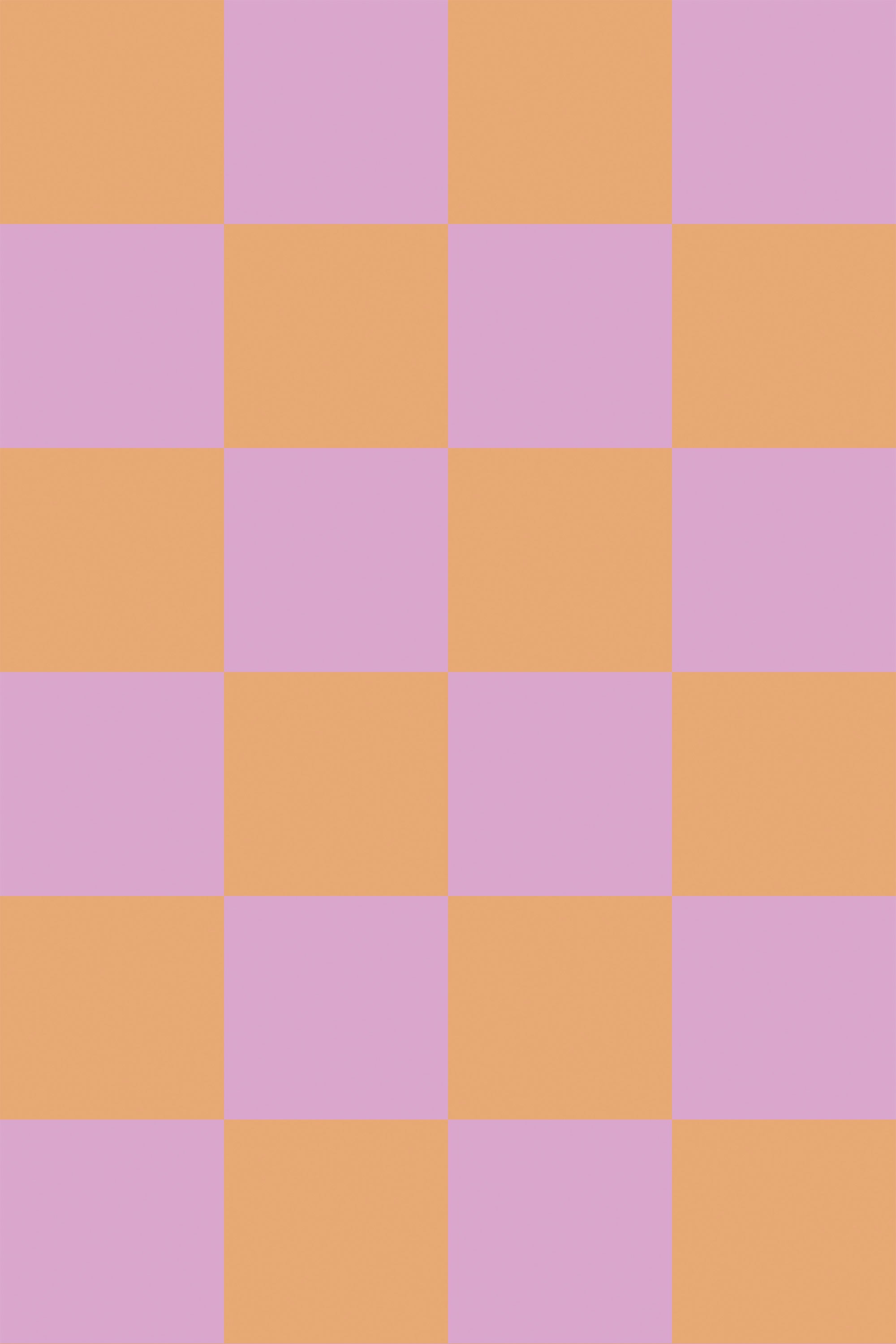 Alternating pink and orange checkered pattern made with equal-sized squares on peel and stick removable wallpaper.