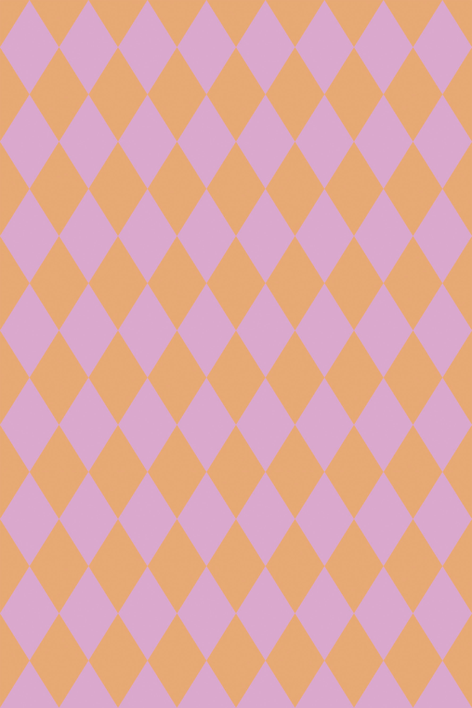 Pink and orange harlequin pattern with alternating diamond shapes. A vibrant geometric design with contrasting colors, creating a dynamic visual effect. Peel and stick removable wallpaper.