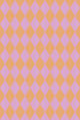 Pink and orange harlequin pattern with alternating diamond shapes. A vibrant geometric design with contrasting colors, creating a dynamic visual effect. Peel and stick removable wallpaper.