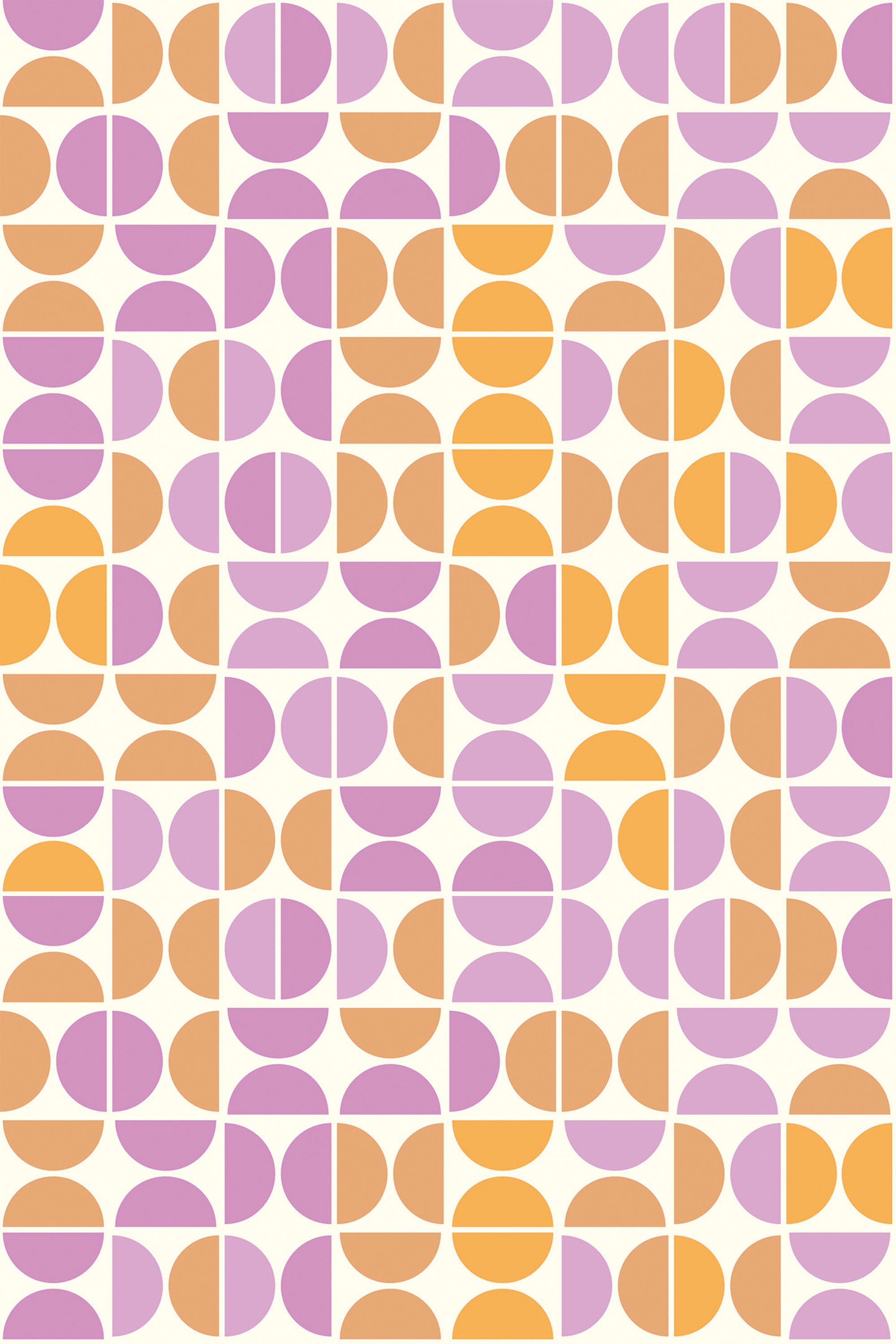 Pink and orange geometric shapes with a mid-century modern aesthetic pattern, filled with arcs, circles, and semi-circles on a white background, create a repeating wallpaper design. Peel and stick removable wallpaper.