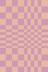 Checkerboard pattern with alternating squares in muted pink and beige, interspersed with horizontal and vertical lines creating an optical illusion effect. Funky illusion peel and stick removable wallpaper.