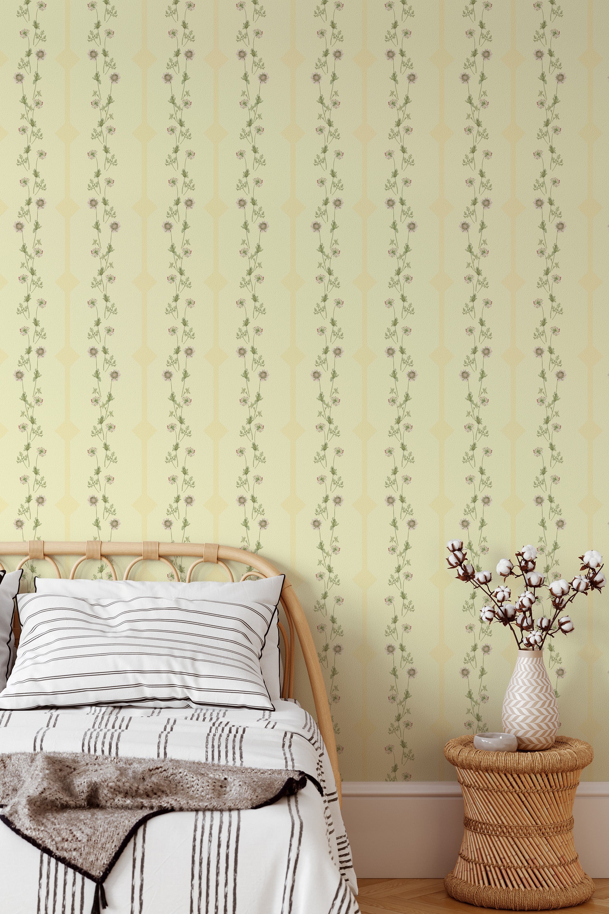 Self-adhesive wallpaper with a geometric flower line design. The pattern includes vertical lines of delicate floral vines set against a soft, muted yellow background. Ideal for adding a subtle, yet stylish, decorative touch to any room.
