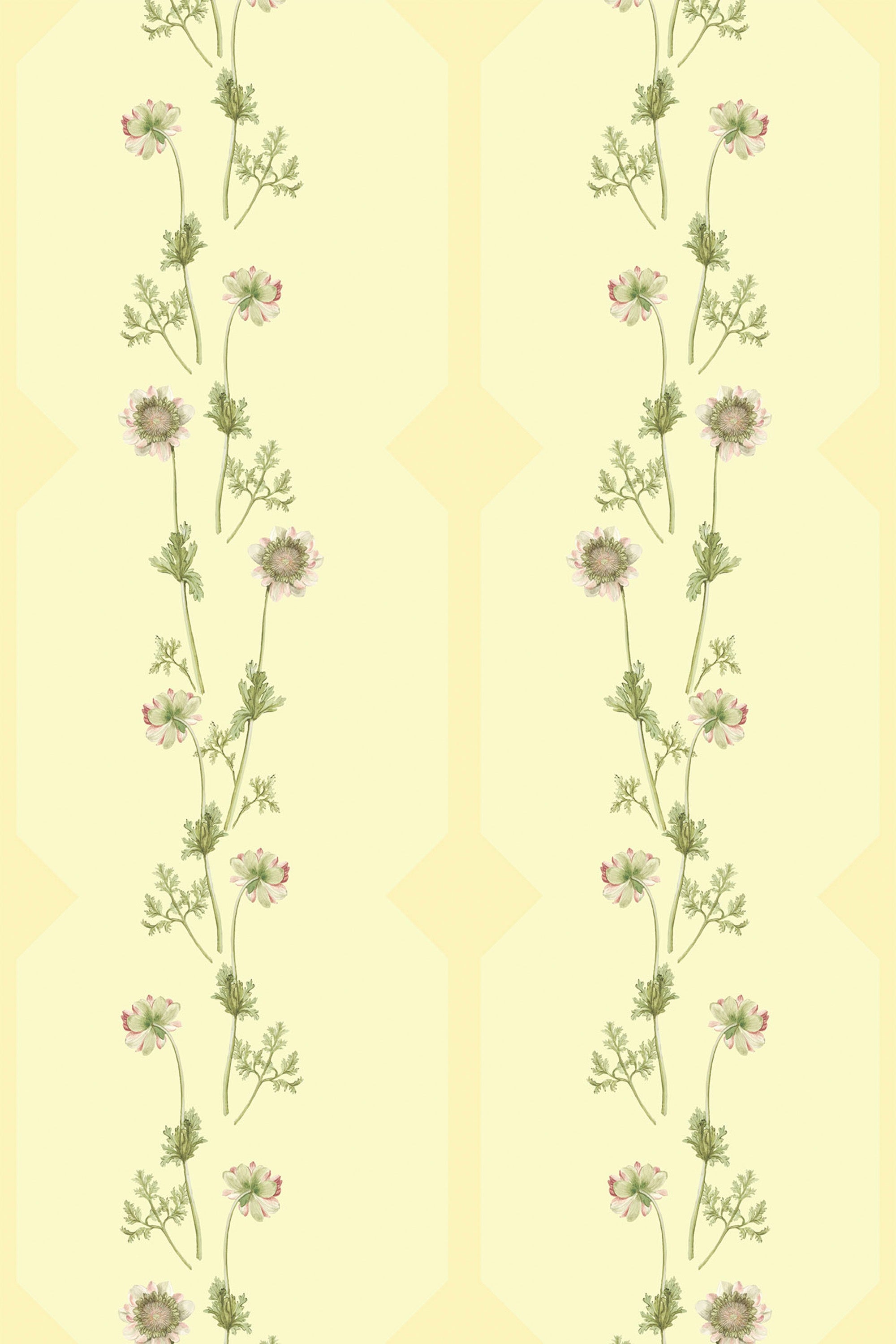 Geometric flower line wallpaper with vertical rows of delicate flowers and green foliage on a light yellow background. The flowers have pale pink and white petals, adding a soft, natural feel to the design. The geometric arrangement creates a symmetrical and orderly pattern, giving the wallpaper both a traditional and modern touch. Peel and stick removable wallpaper.
