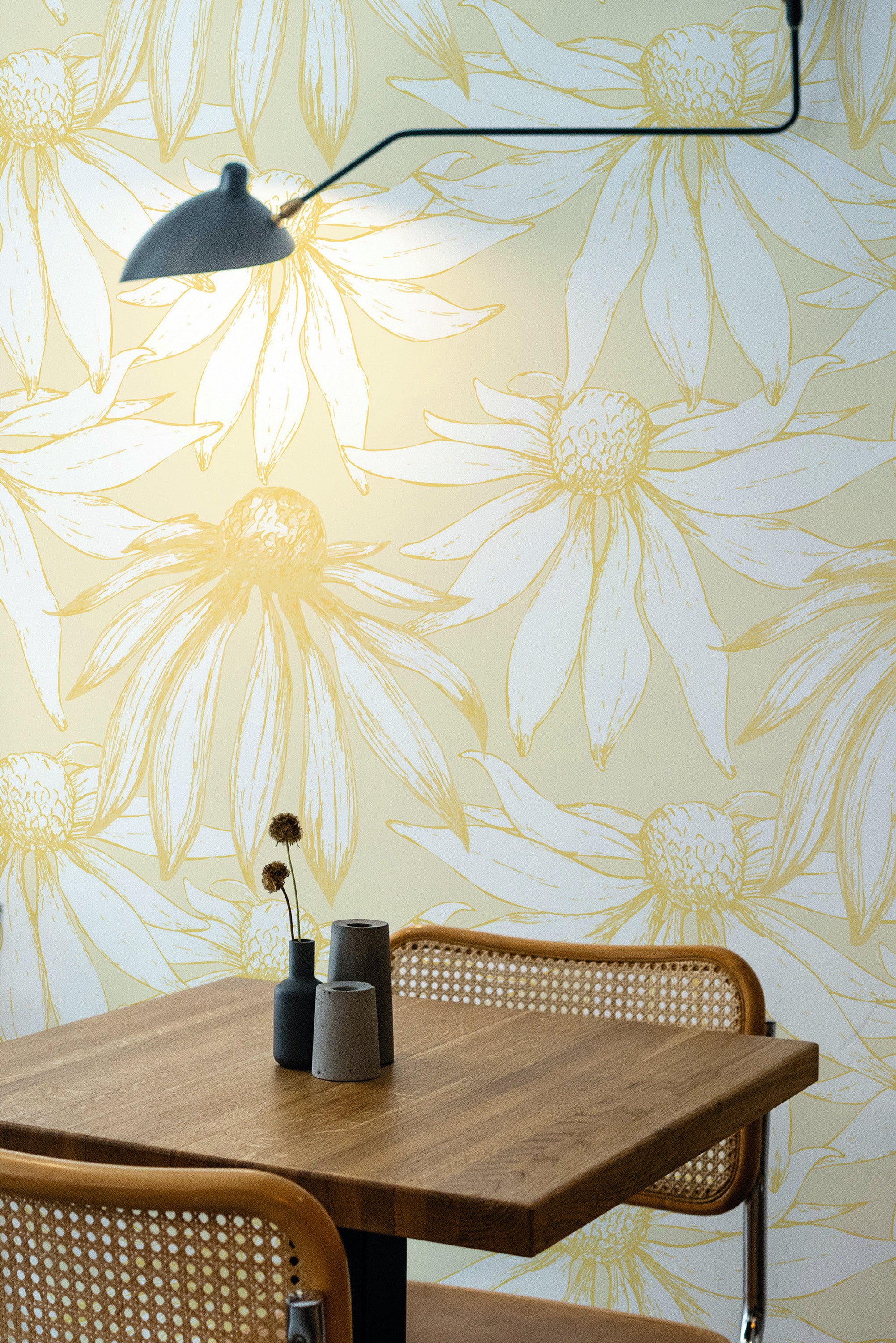 Self-adhesive wallpaper with a Vintage daisies design, featuring large, hand-drawn white and yellow daisy flowers against a light cream background.