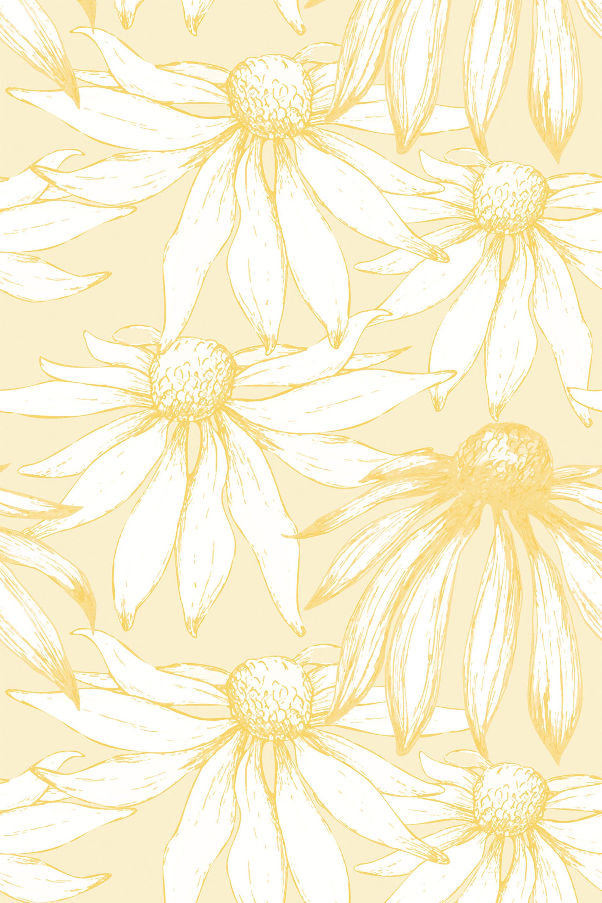 A repeating pattern of hand-drawn white daisies with yellow centers and outlines on a soft yellow background. Peel and stick removable wallpaper.