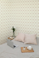 Self-adhesive Valeriana pattern wallpaper with delicate floral motifs in a soft, neutral color palette, creating a serene and calming atmosphere in the room.