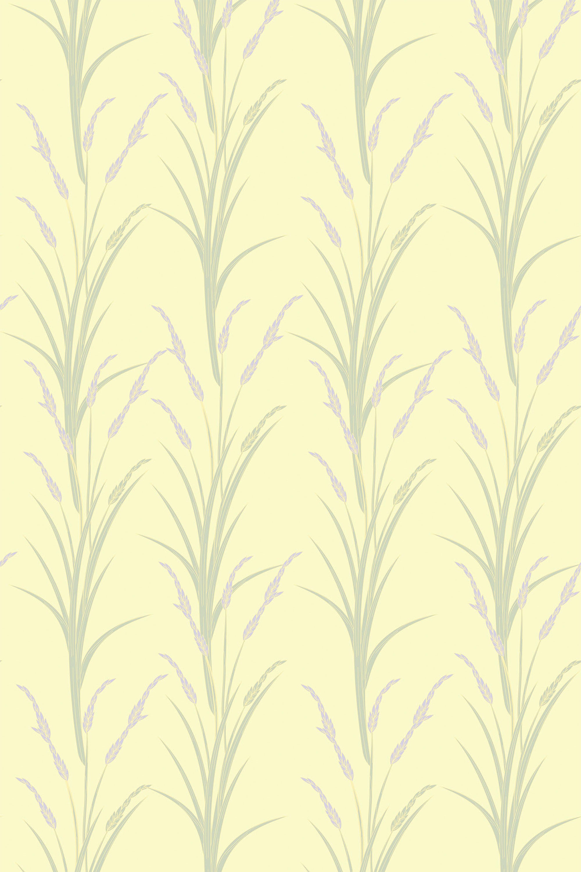 Tall, slender lavender plants in muted shades of green and light purple emerge in a repeating pattern on a soft yellow background, creating a serene and nature-inspired aesthetic. Peel and stick removable wallpaper.