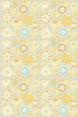 A repeating pattern of stylized, retro-inspired flowers in shades of yellow, white, and teal with subtle dotted accents on a light beige background, creating a vintage Scandinavian feel. Peel and stick removable wallpaper.
