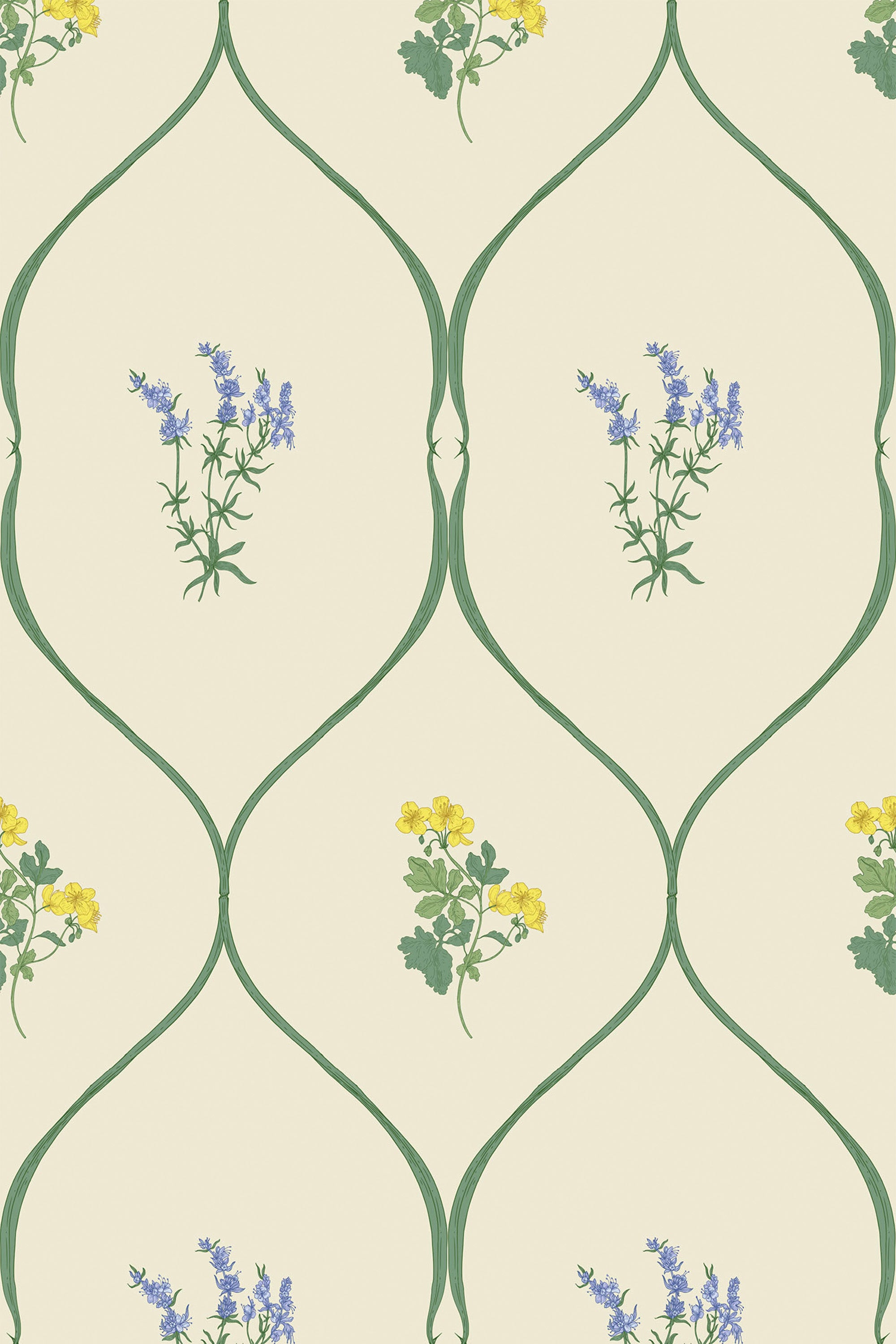 A repeating pattern of delicate wildflowers, including yellow and blue blossoms, against a cream background. The flowers are gracefully encased within a classic green lattice framework. Ideal for a cozy, vintage-inspired look. Peel and stick removable wallpaper.