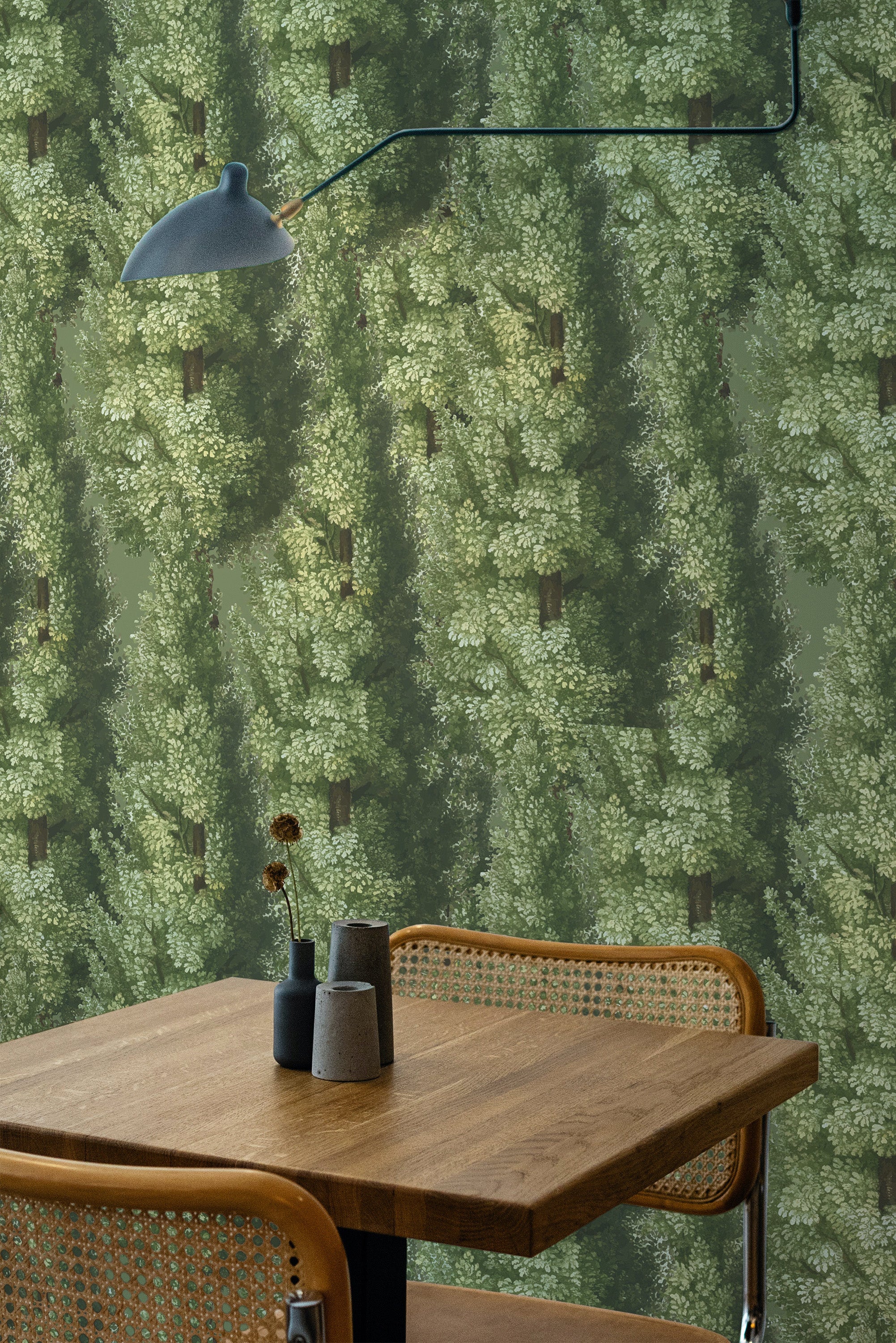 Self-adhesive wallpaper with a vibrant pattern of bold green trees against a textured background, creating a lush and natural atmosphere in the room.