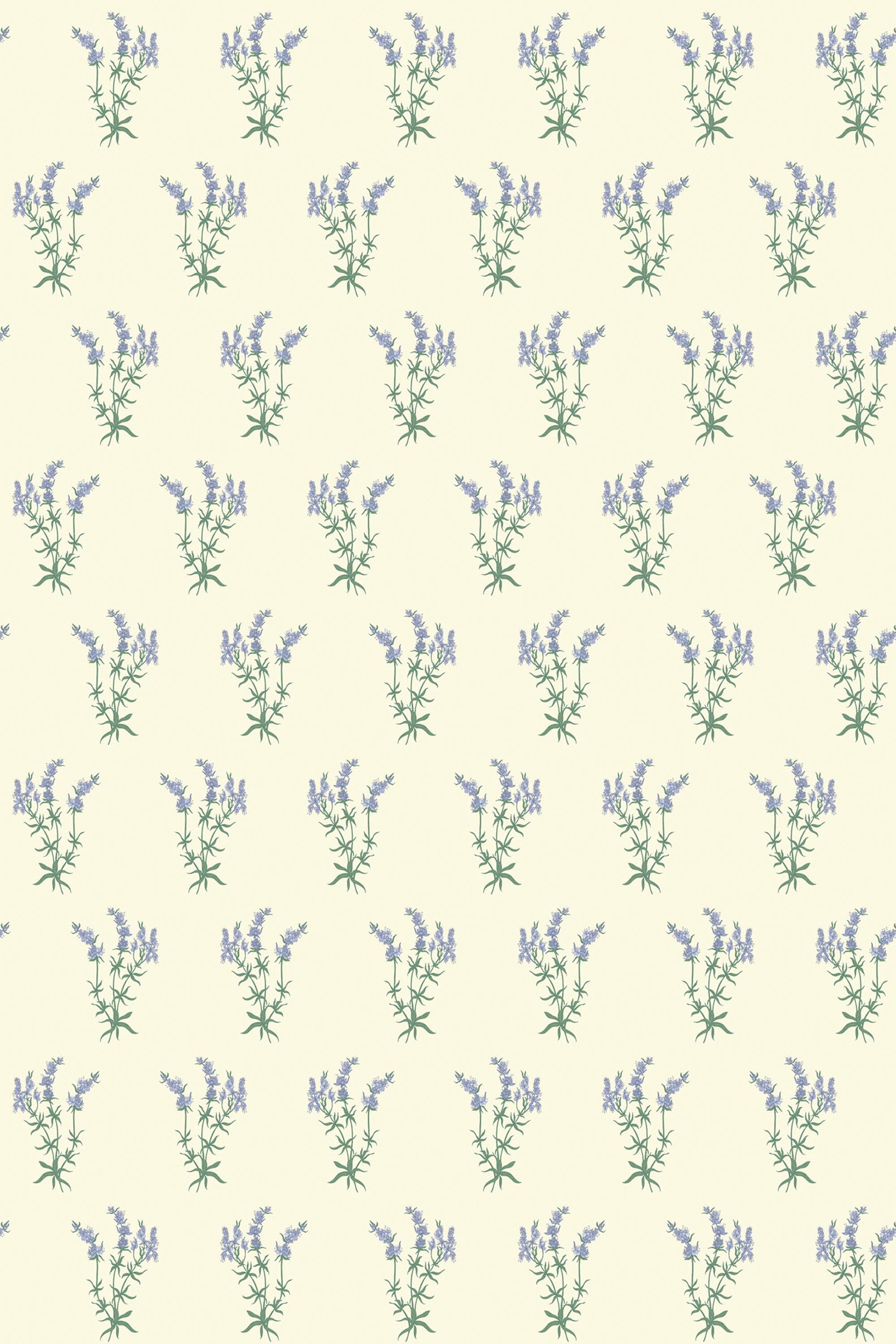 Lavender sprigs in soft purple with green stems and leaves repeat in a consistent, evenly spaced pattern on a light beige background. Peel and stick removable wallpaper.