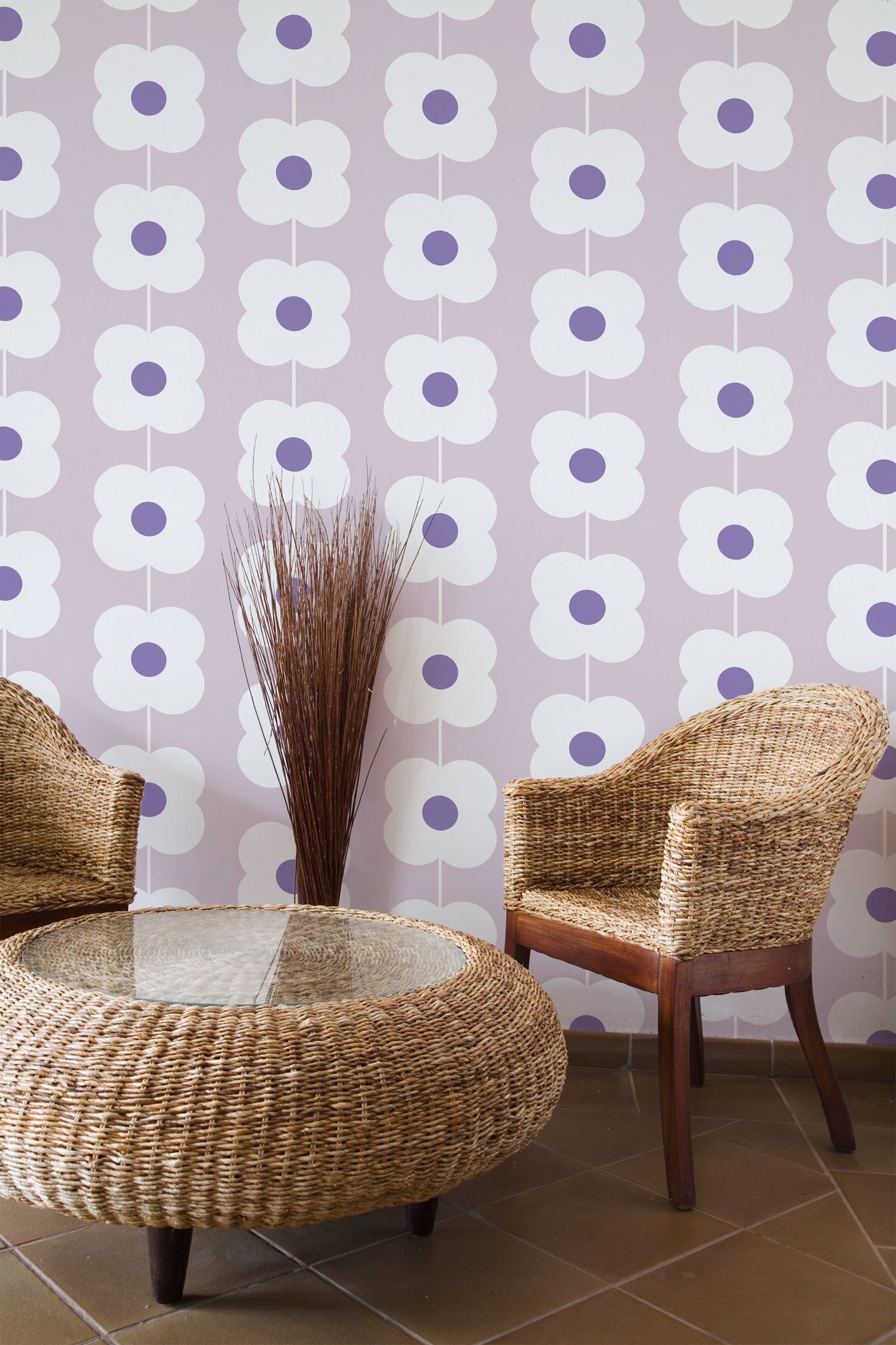 Self-adhesive wallpaper with a purple retro flower design, featuring white flowers with purple centers arranged in a repeating geometric pattern on a soft pastel background.