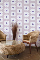 Self-adhesive wallpaper with a purple retro flower design, featuring white flowers with purple centers arranged in a repeating geometric pattern on a soft pastel background.