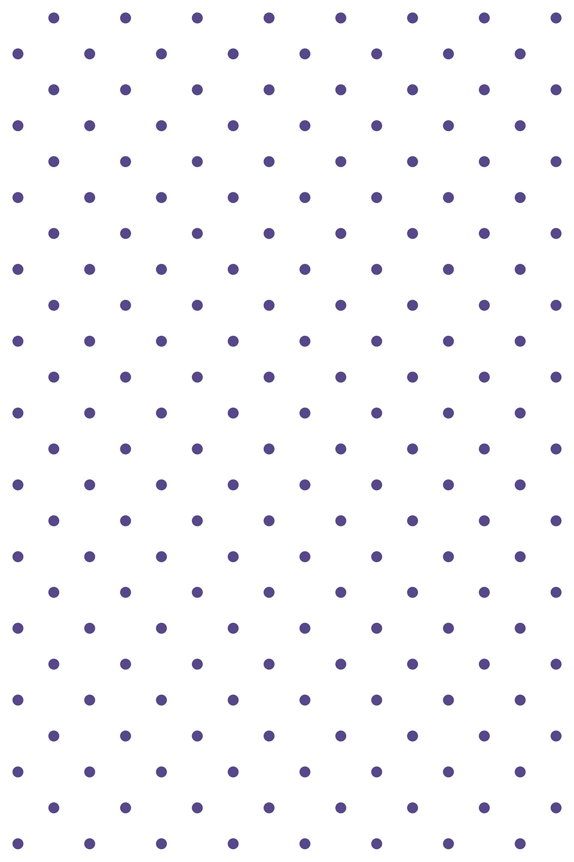 Purple polka dots evenly spaced on a white background, peel and stick removable wallpaper.