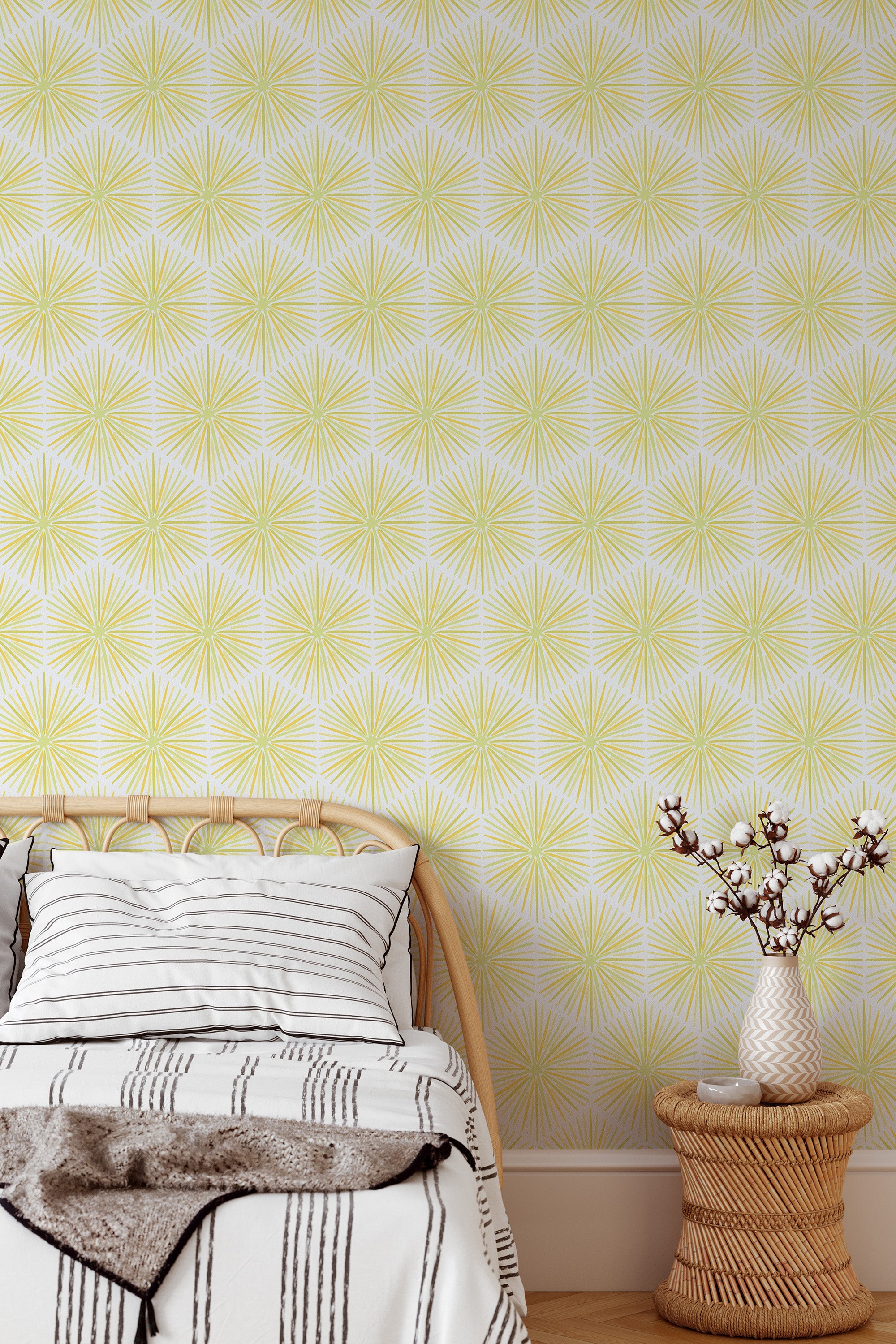 Self-adhesive wallpaper with a pattern of vibrant yellow starbursts on a simple white background, adding a lively and modern touch to the room.